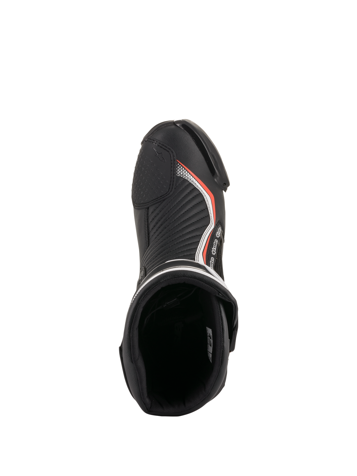 Alpinestars SMX Plus V2, bottes de moto racing noires et rouge fluo, vue de dessus de l'intérieur rembourré et des orteils.