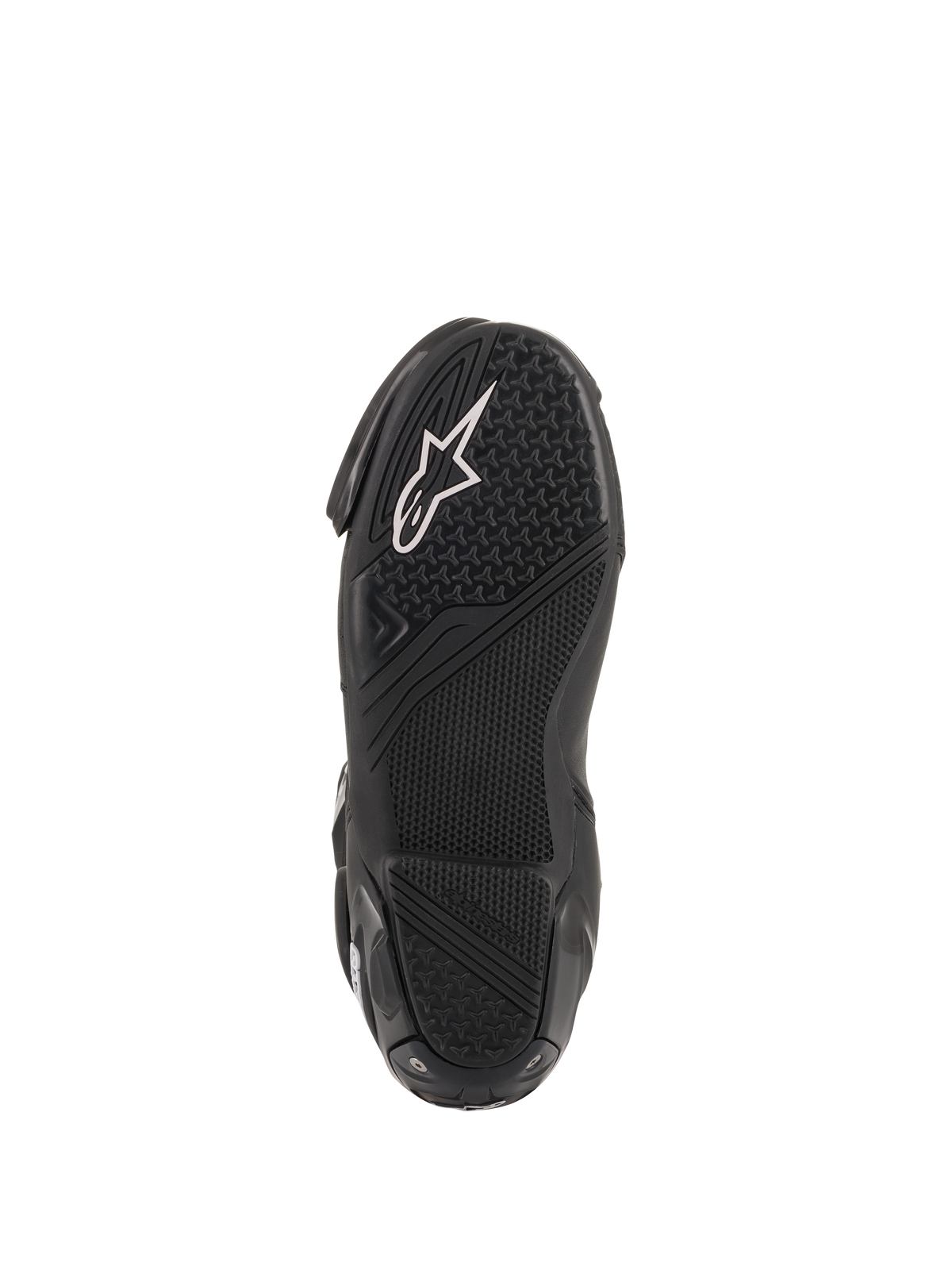 Alpinestars SMX Plus V2, bottes de moto racing pour homme, noires et blanches, vue de la semelle en caoutchouc noir texturé à haute adhérence