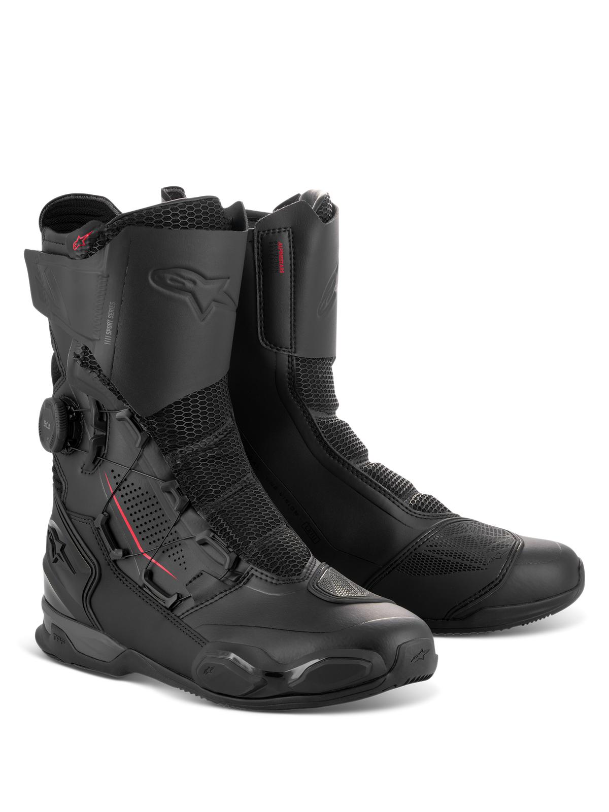 Bottes Alpinestars SP-X BOA, bottes de moto sport mi-hautes en noir, avec système de fermeture BOA latéral, empiècements en maille Rideknit et protections renforcées en TPU pour la route