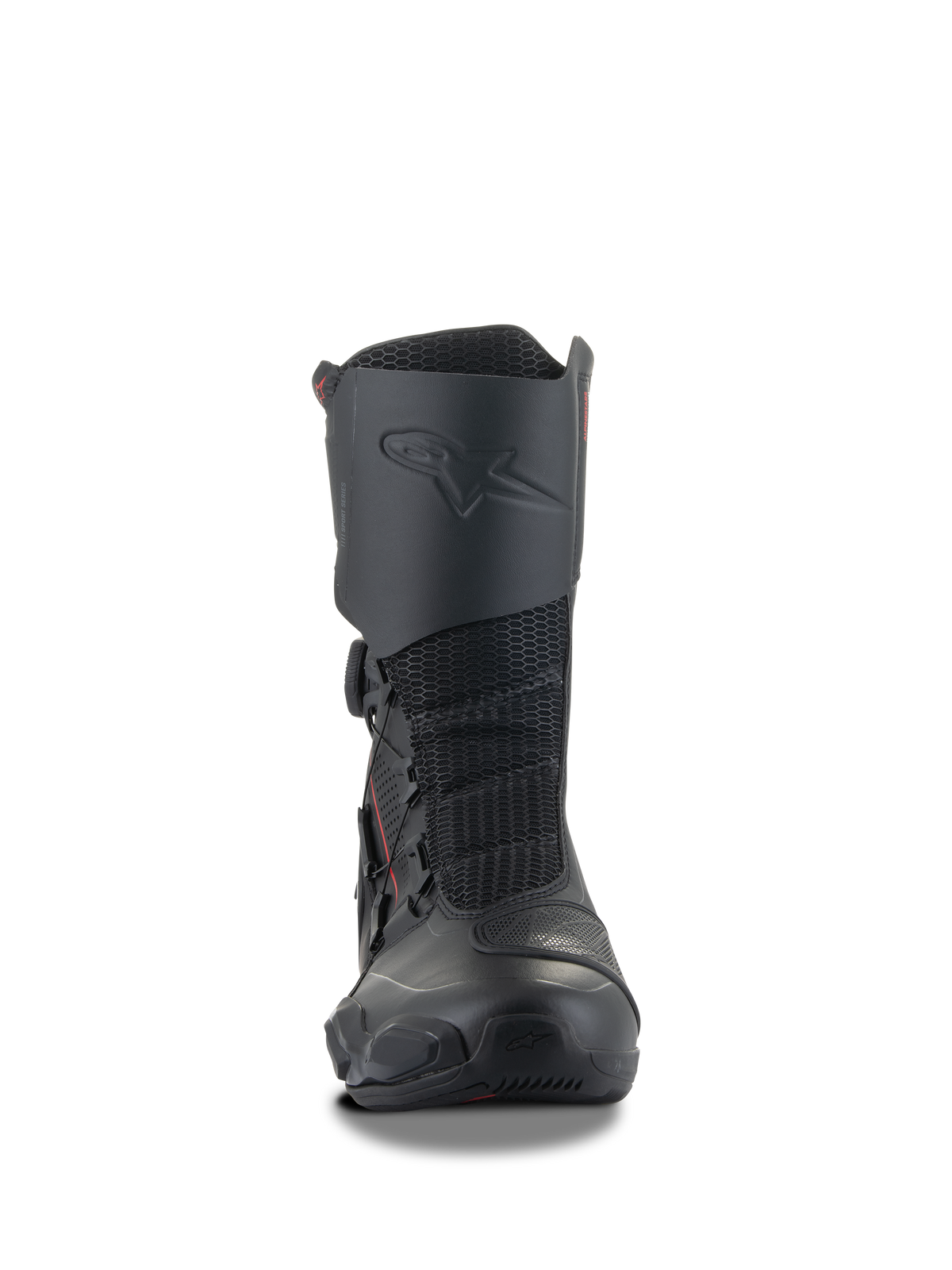 Bottes Alpinestars SP-X BOA®, bottes de sport moto noires, design mi-hauteur avec protège-tibia intégré, panneaux flexibles en maille et système de fermeture latéral BOA, profil ergonomique élégant pour le sport touring