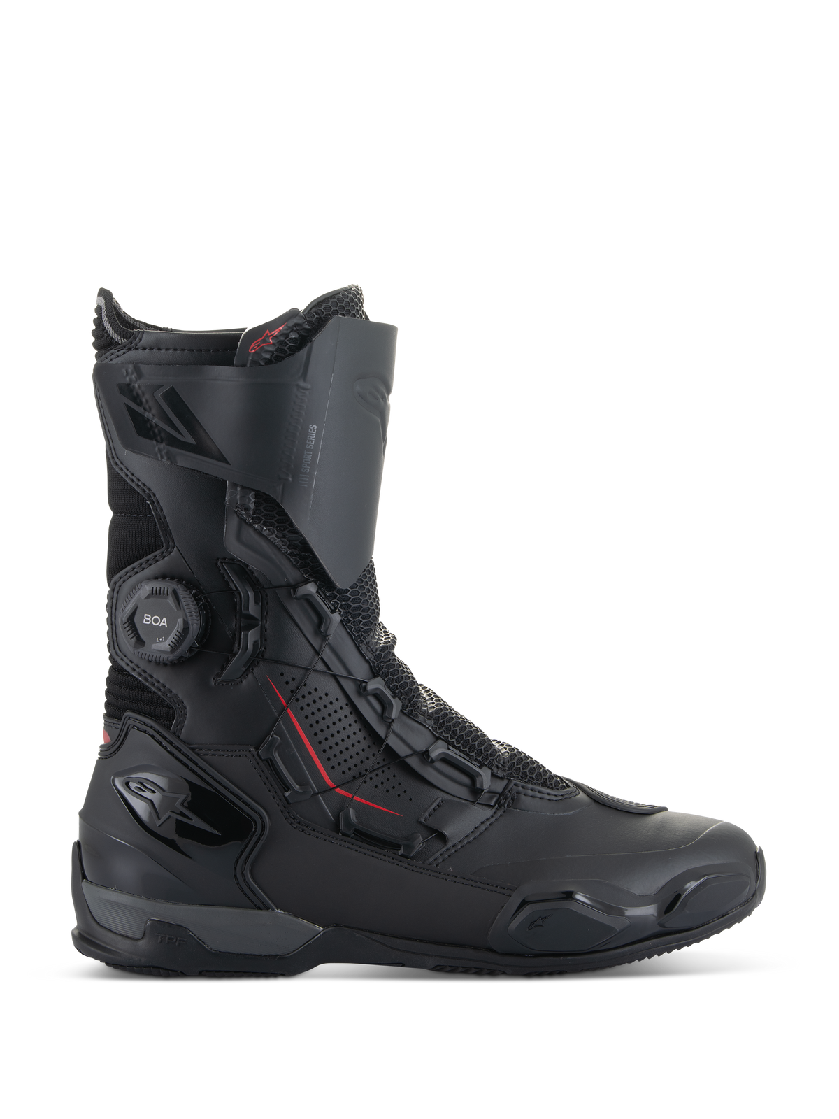 Bottes Alpinestars SP-X BOA®, bottes de moto sport, noires avec accents rouges, molette du système de fermeture BOA®, construction mi-hauteur avec panneaux en microfibre et mesh, protection du talon et des orteils en TPU, design épuré pour la conduite sur route