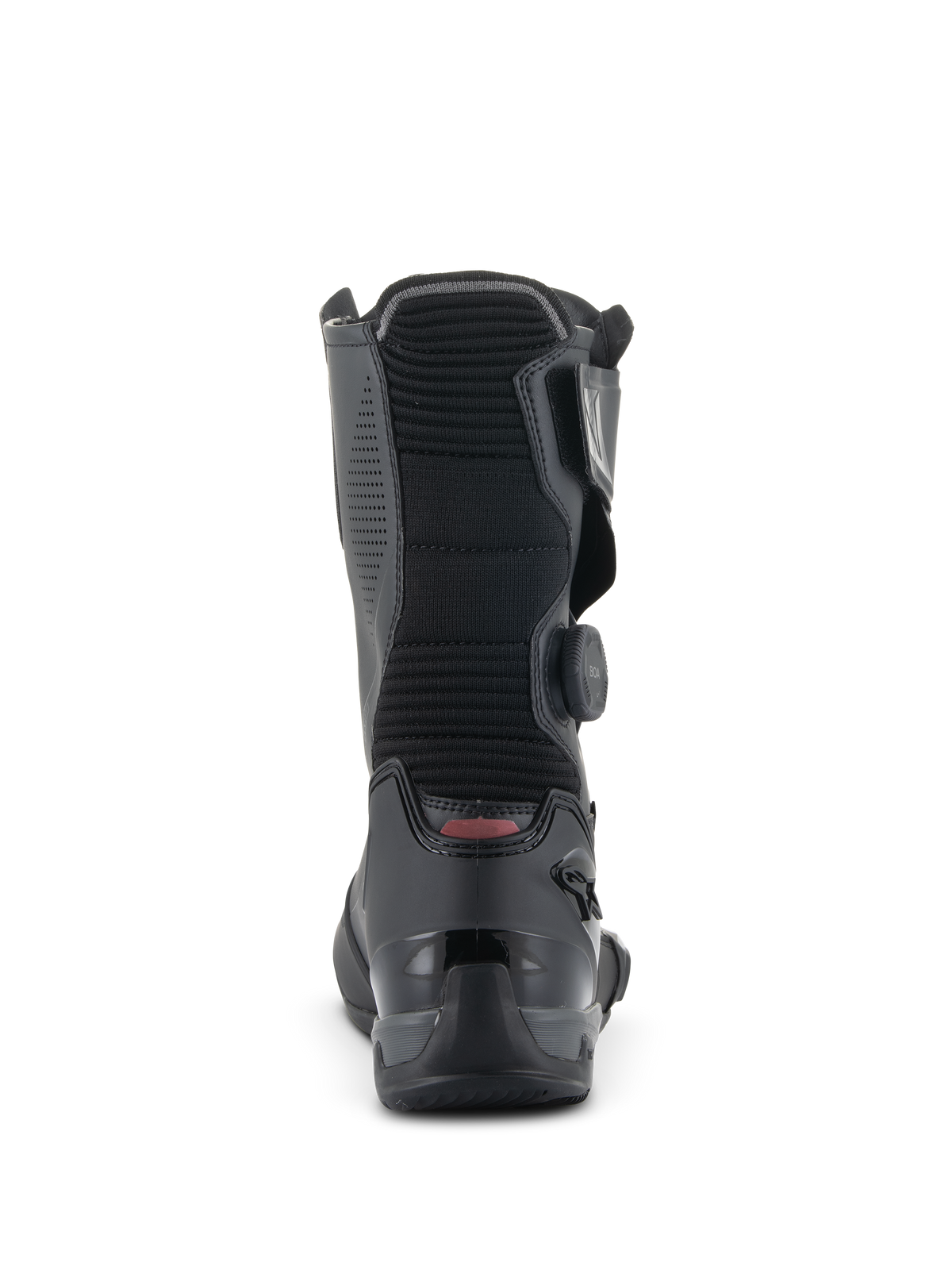 Bottes Alpinestars SP-X BOA, bottes de sport moto mi-hautes, noir, vue arrière mettant en avant le panneau flexible en accordéon nervuré, le contrefort de talon en TPU renforcé et la molette latérale du système BOA Fit