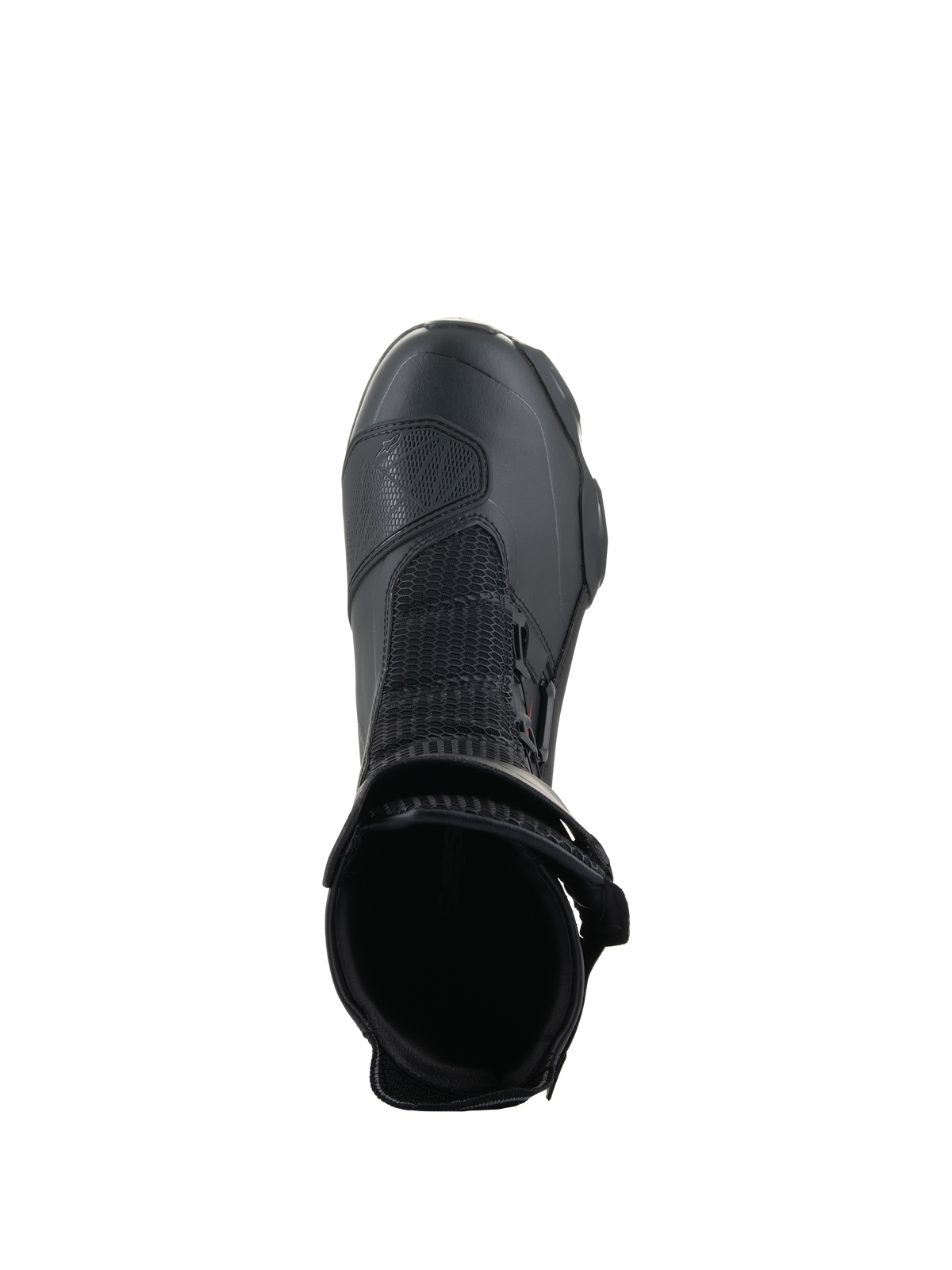 Bottes Alpinestars SP-X BOA®, noir, vue de dessus de l'ouverture de la cheville, avec maille Rideknit® et système BOA® Fit System latéral, bottes de moto sportives mi-hautes au design épuré