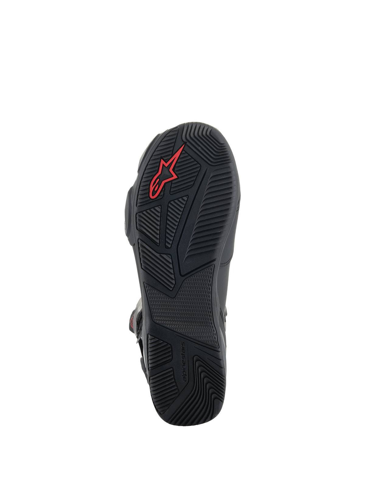 Bottes Alpinestars SP-X BOA®, bottes de moto noires, vue détaillée de la semelle en caoutchouc avec motifs d'adhérence texturés, logo Alpinestars rouge et talon asymétrique pour la stabilité de la marche.