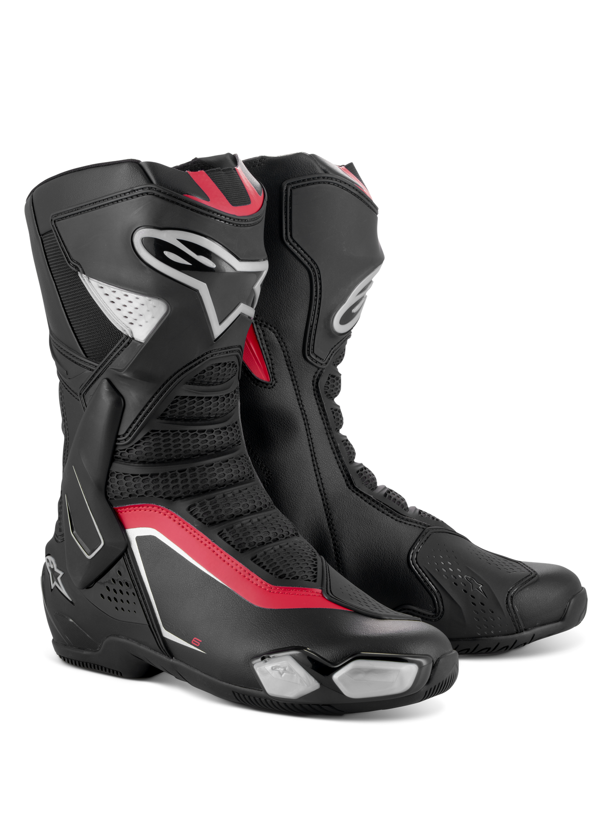 Alpinestars SMX-6 V3 Boots, Performance Motorcycle Boots, Black Silver and Red, featuring a sleek microfiber upper with TPU protection, red accents, and the Alpinestars logo on the lateral side.