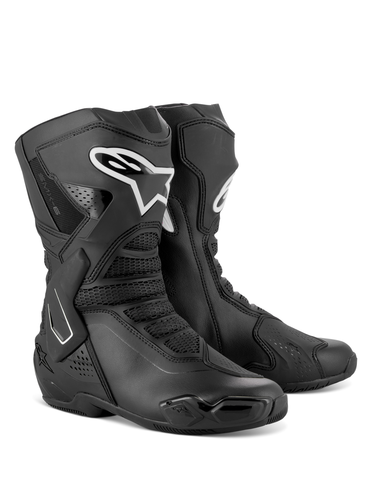 Bottes Alpinestars Stella SMX-6 V3, bottes de moto performance pour femme, noir et blanc, dotées d'une construction en microfibre, de protections du tibia et de la cheville en TPU et de zones de flexion en maille pour la route et la piste.