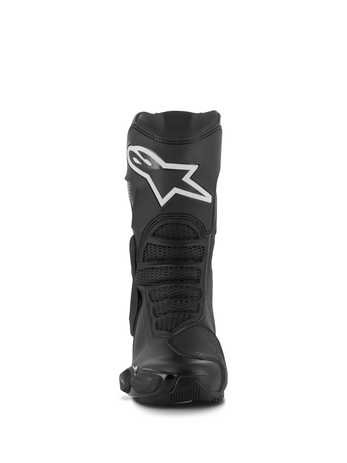 Bottes Alpinestars Stella SMX-6 V3, bottes de moto de performance pour femme, noires avec logo Alpinestars blanc, vue de face avec protège-tibia en TPU et zones en maille flexibles, construction en microfibre durable