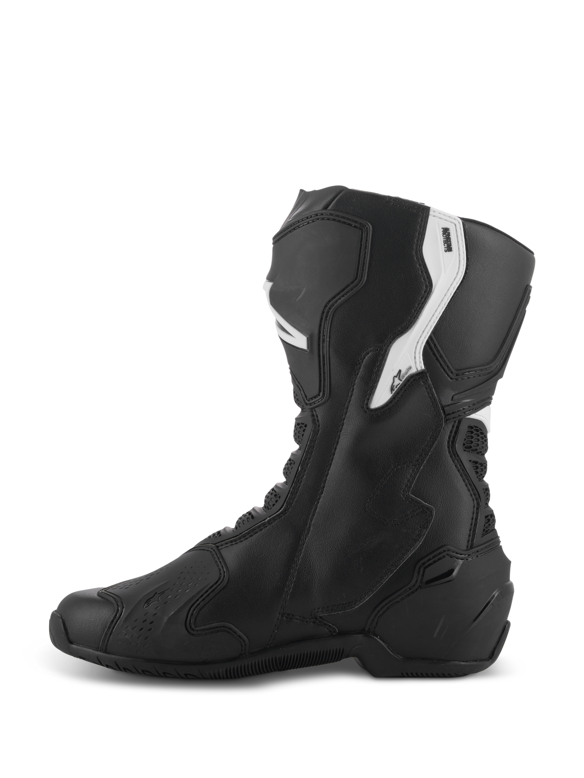 Bottes Alpinestars Stella SMX-6 V3, bottes de performance pour femme, noir et blanc, vue du côté médial avec tige ergonomique en microfibre, protection du tibia et de la cheville en TPU, zones en mesh flexibles et design profilé pour une utilisation sur circuit et sur route.