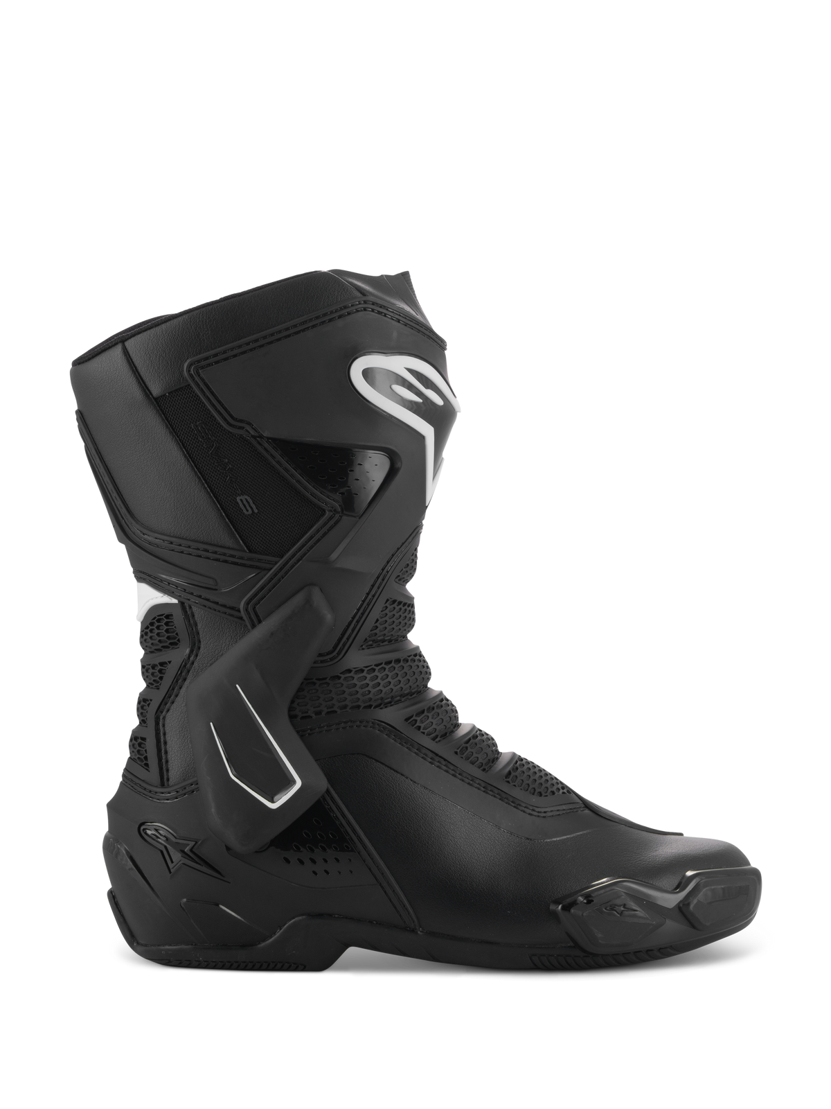 Alpinestars Stella SMX-6 V3, bottes de moto de course pour femme, noir et blanc, vue de profil avec renfort de cheville en TPU et protections de tibia, panneaux en mesh respirant, logo blanc sur le devant, conçues pour la performance sur piste et sur route