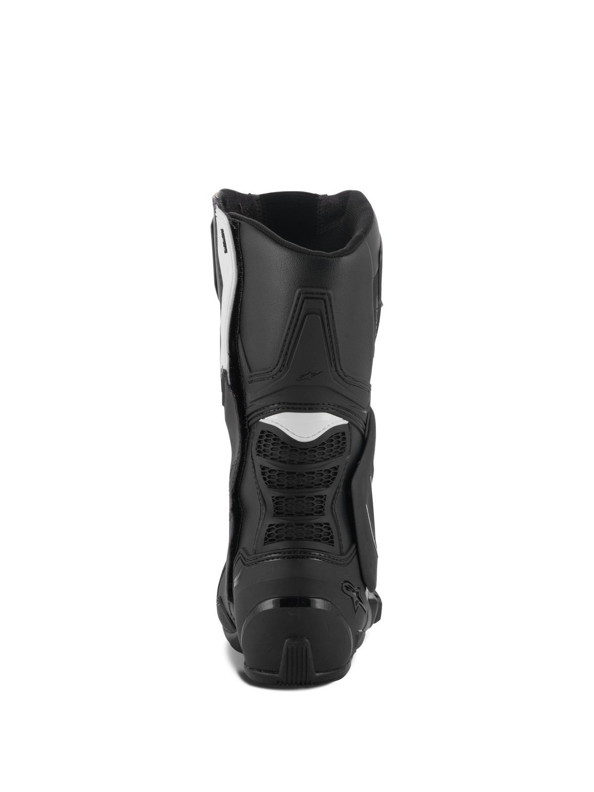 Bottes Alpinestars Stella SMX-6 V3, bottes de moto pour femme, noir et blanc, vue arrière avec contrefort de talon en TPU et panneaux en accordéon flexibles, design performant et durable