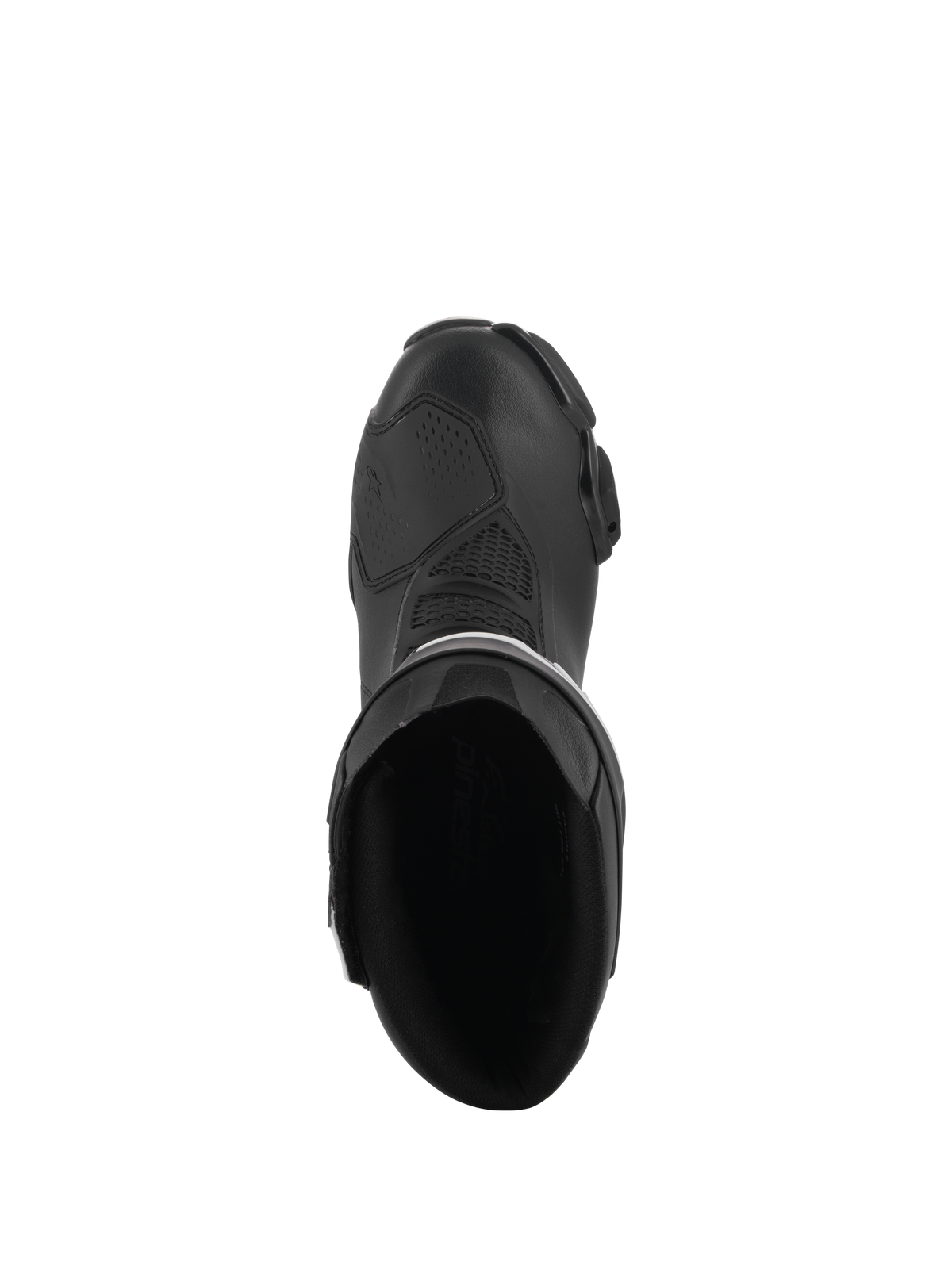 Bottes Alpinestars Stella SMX-6 V3, bottes de moto de performance pour femme, noires, vue de dessus montrant l'ouverture intérieure, la zone du sélecteur renforcée et le design ergonomique profilé.
