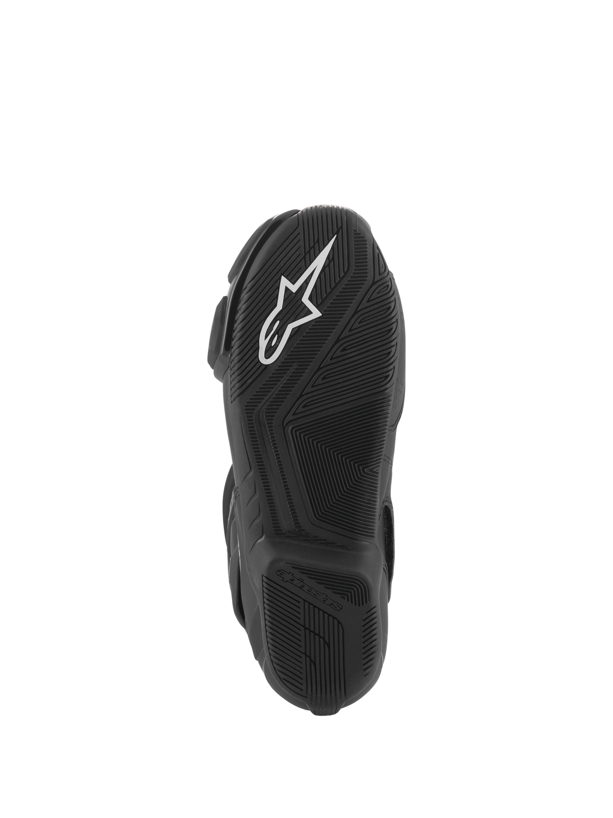 Bottes Alpinestars Stella SMX-6 V3, vue de la semelle, composé de caoutchouc léger noir avec adhérence texturée, logo Alpinestars blanc, conçues pour la performance sur circuit et sur route