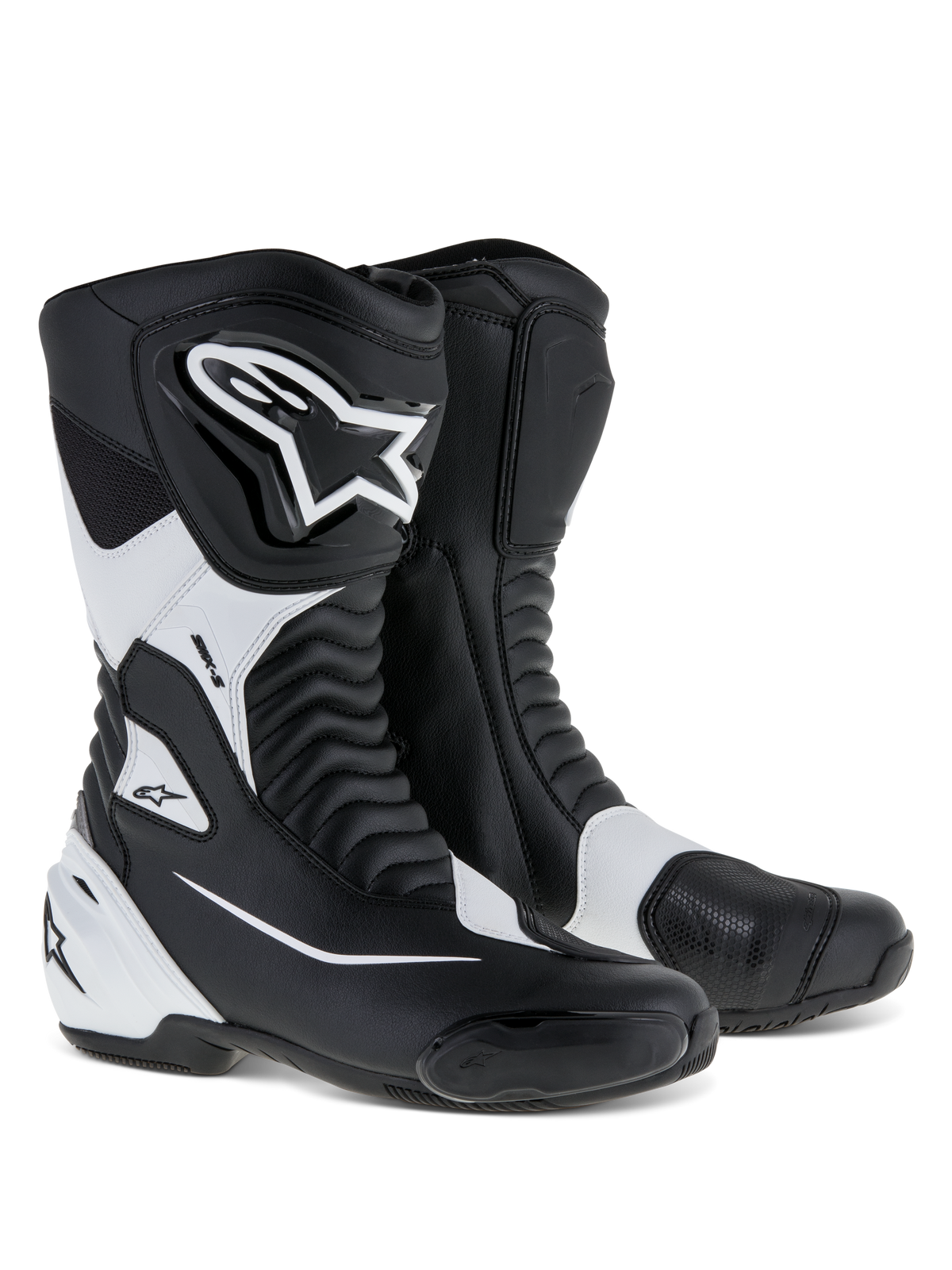 Bottes Alpinestars SMX S, bottes de moto sport, noir et blanc, dotées d'une tige en microfibre durable avec protections de tibia et de talon en PU, panneaux flexibles en accordéon et logo Alpinestars distinctif, équipement de route haute performance