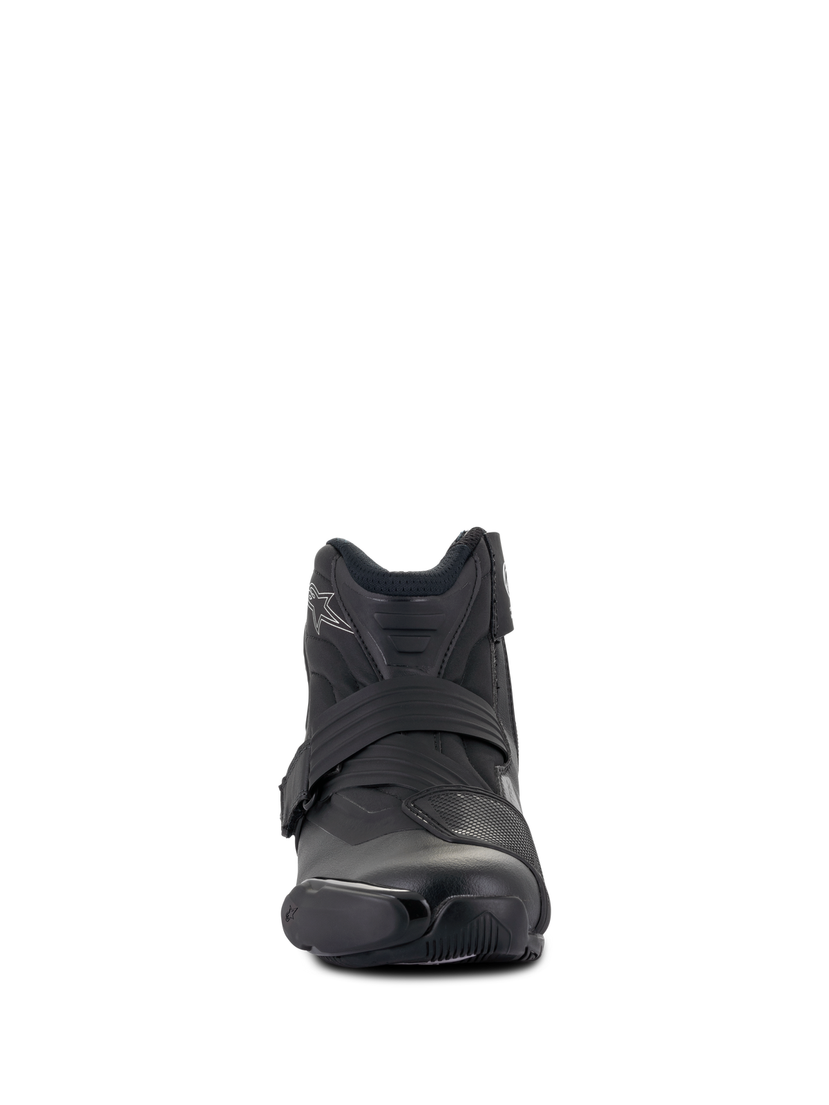 Bottes femme Alpinestars Stella SMX-1 R V2, bottines de moto performantes à coupe basse, noir, vue de face, dotées d'une tige en microfibre, d'un renfort de sélecteur en TPU et d'une sangle de fermeture ergonomique, design d'inspiration sportive