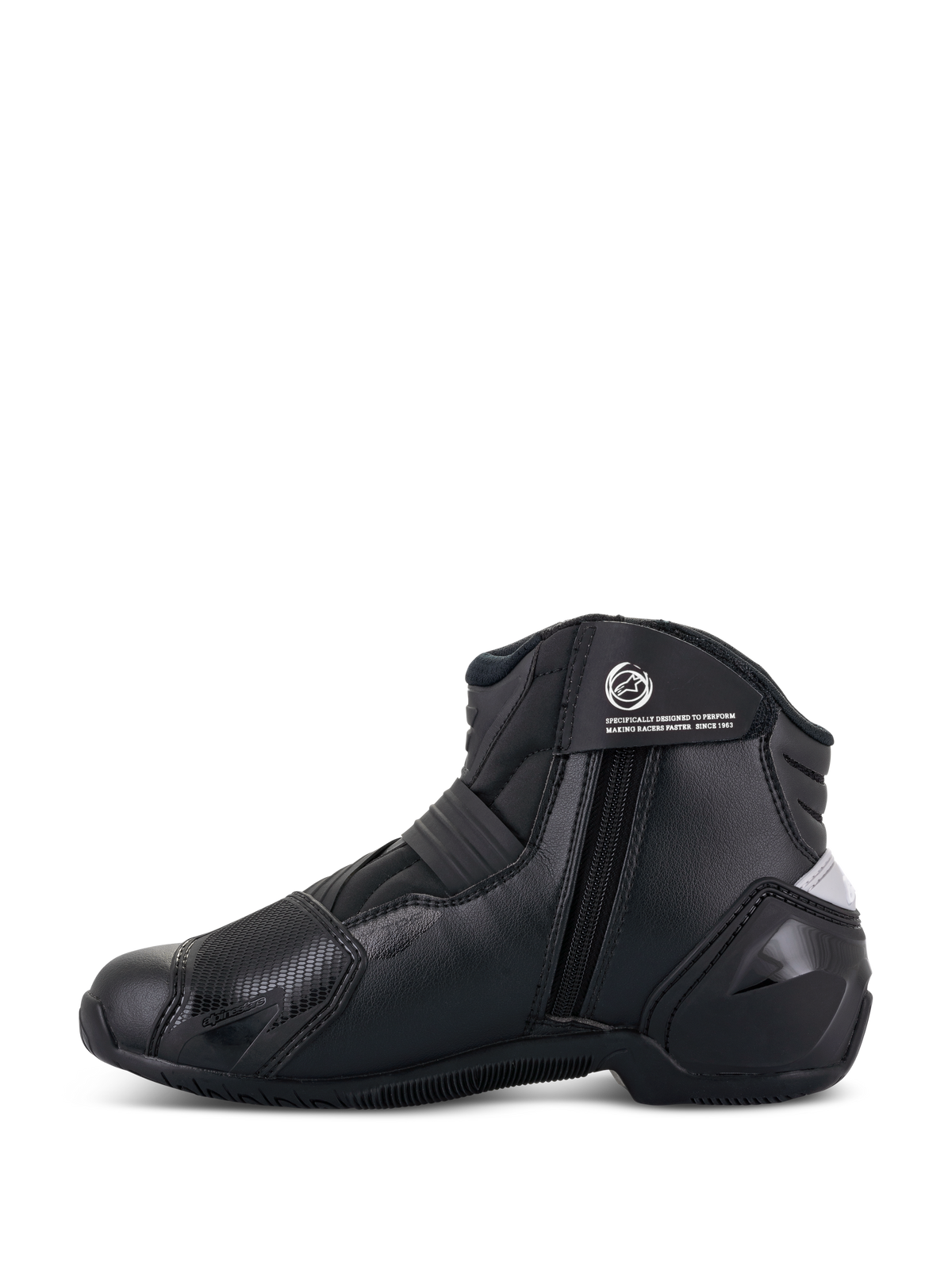 Bottes femme Alpinestars Stella SMX-1 R V2, noir, bottines de moto performance à tige basse, vue de profil latérale montrant la fermeture éclair, la sangle de cheville avec logo et la construction en microfibre avec contrefort de talon en TPU