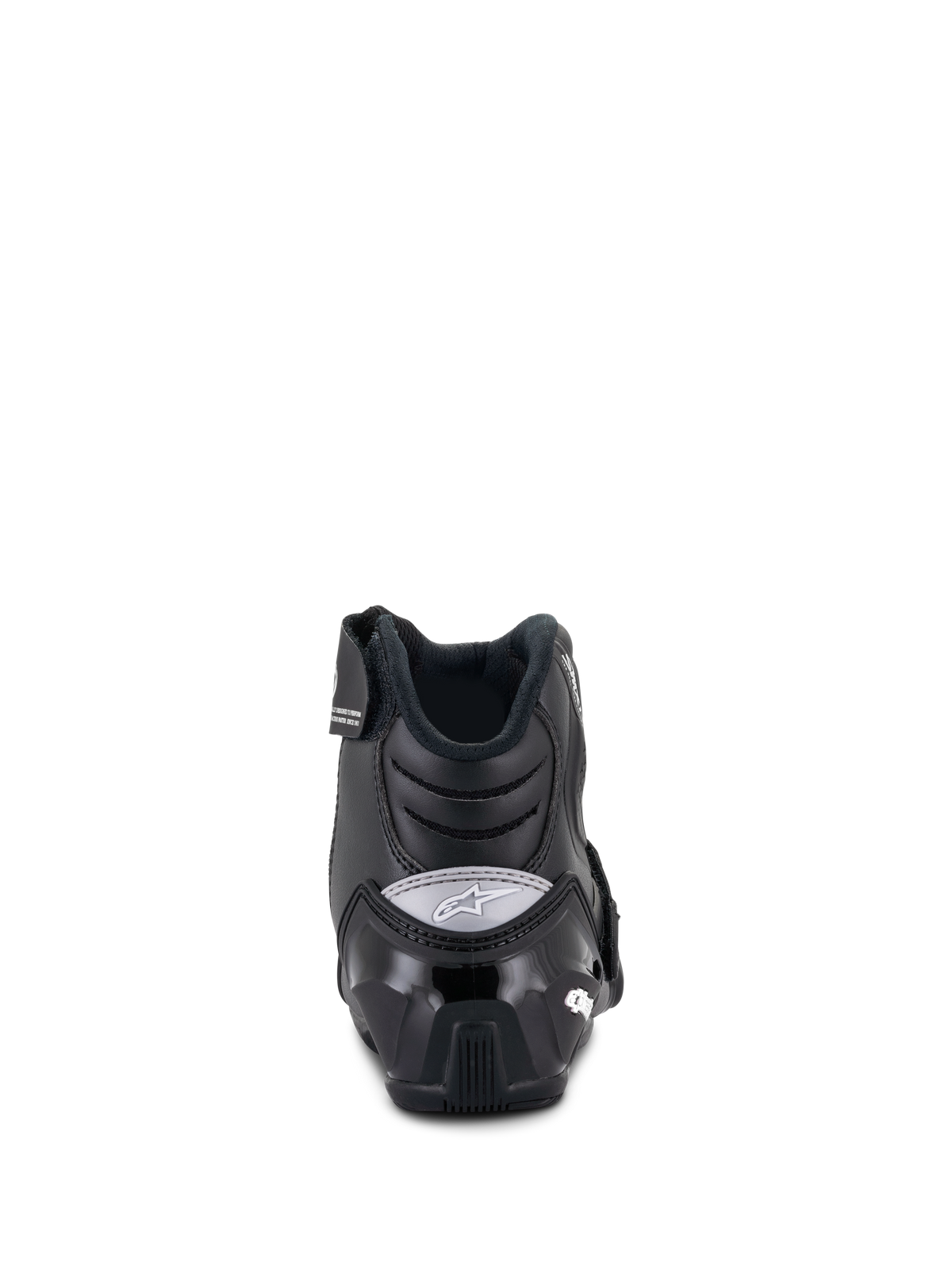 Bottes femme Alpinestars Stella SMX-1 R V2, bottines de moto coupe basse, noir, vue arrière montrant le contrefort de talon renforcé en TPU et le logo Alpinestars gris, chaussures de performance pour la conduite