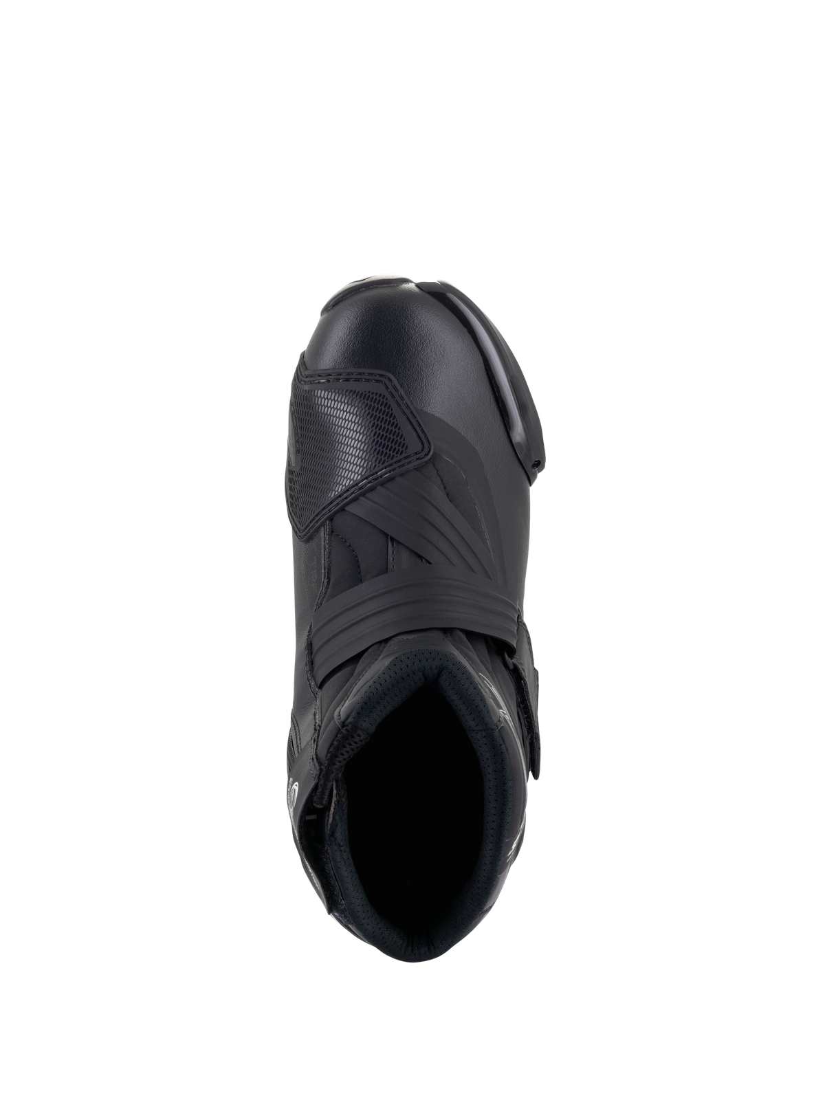 Bottines femme Alpinestars Stella SMX-1 R V2, chaussures de moto de performance à coupe basse en noir, vue de dessus montrant l'ouverture pour le pied, la sangle de cou-de-pied et le protège-sélecteur en TPU texturé, construction élégante en microfibre