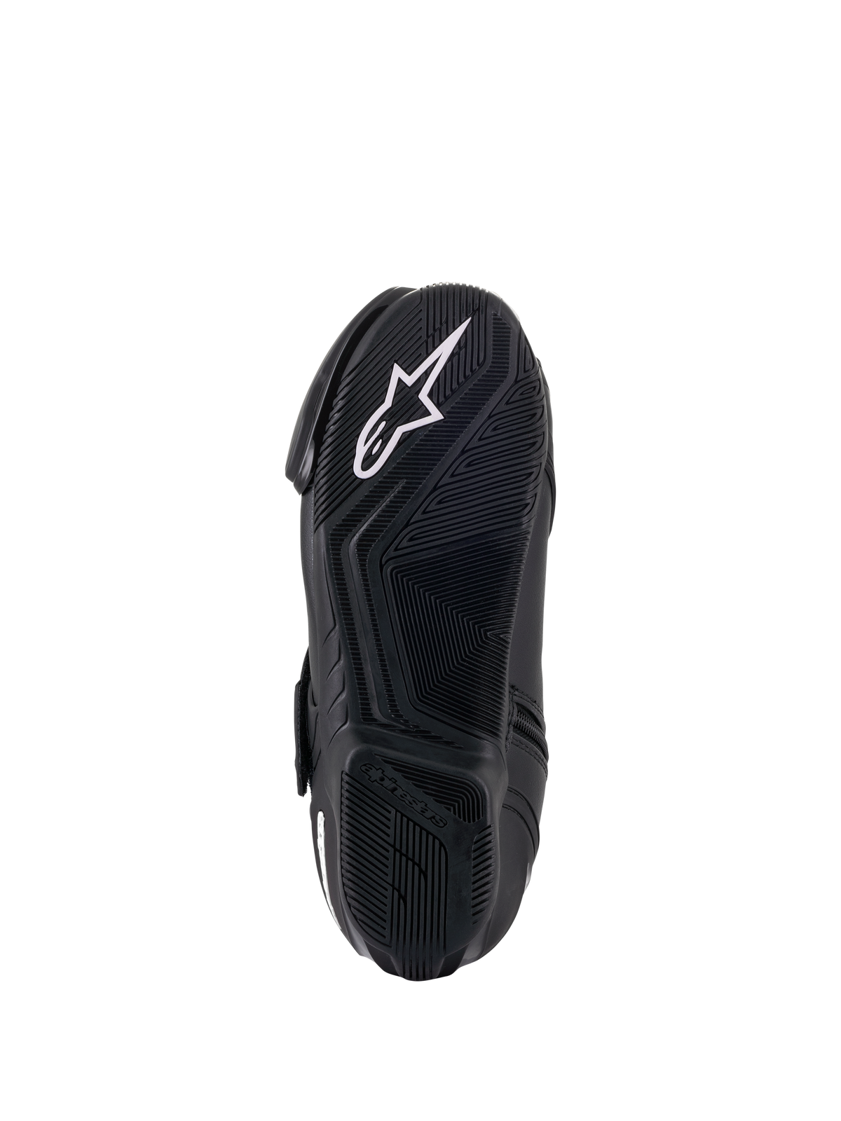 Bottes femme Alpinestars Stella SMX-1 R V2, noir, vue de dessous de la semelle en mélange de caoutchouc, dotée d'un motif à haute adhérence et d'un logo étoile Alpinestars blanc, chaussures de moto haute performance