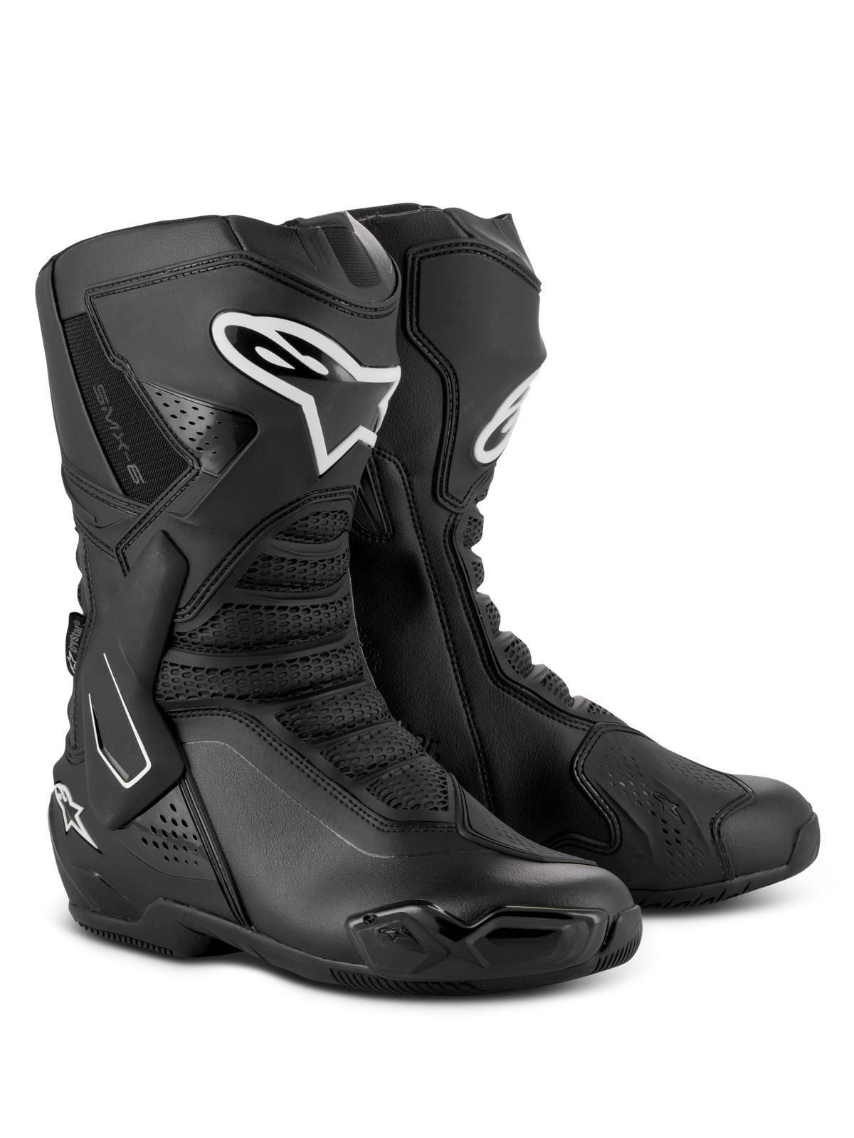 Bottes Alpinestars SMX-6 V3 Drystar®, bottes de moto haute performance, noires, dotées de protections de tibia en TPU avec logo Alpinestars blanc, sliders d'orteils remplaçables et construction en microfibre avancée, équipement de conduite sportive et routière