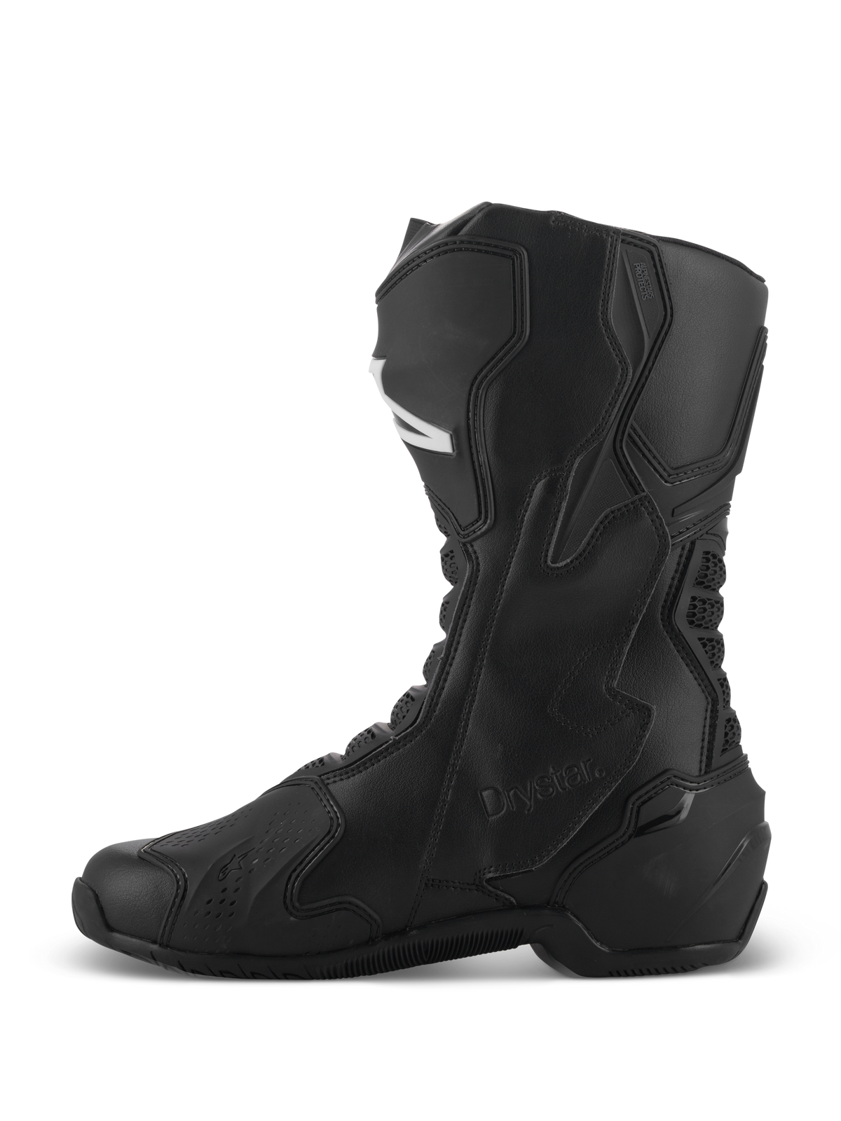 Bottes Alpinestars SMX-6 V3 Drystar®, bottes de performance pour moto noires, profil latéral montrant la construction haute en microfibre, les panneaux de protection en TPU et le marquage Drystar