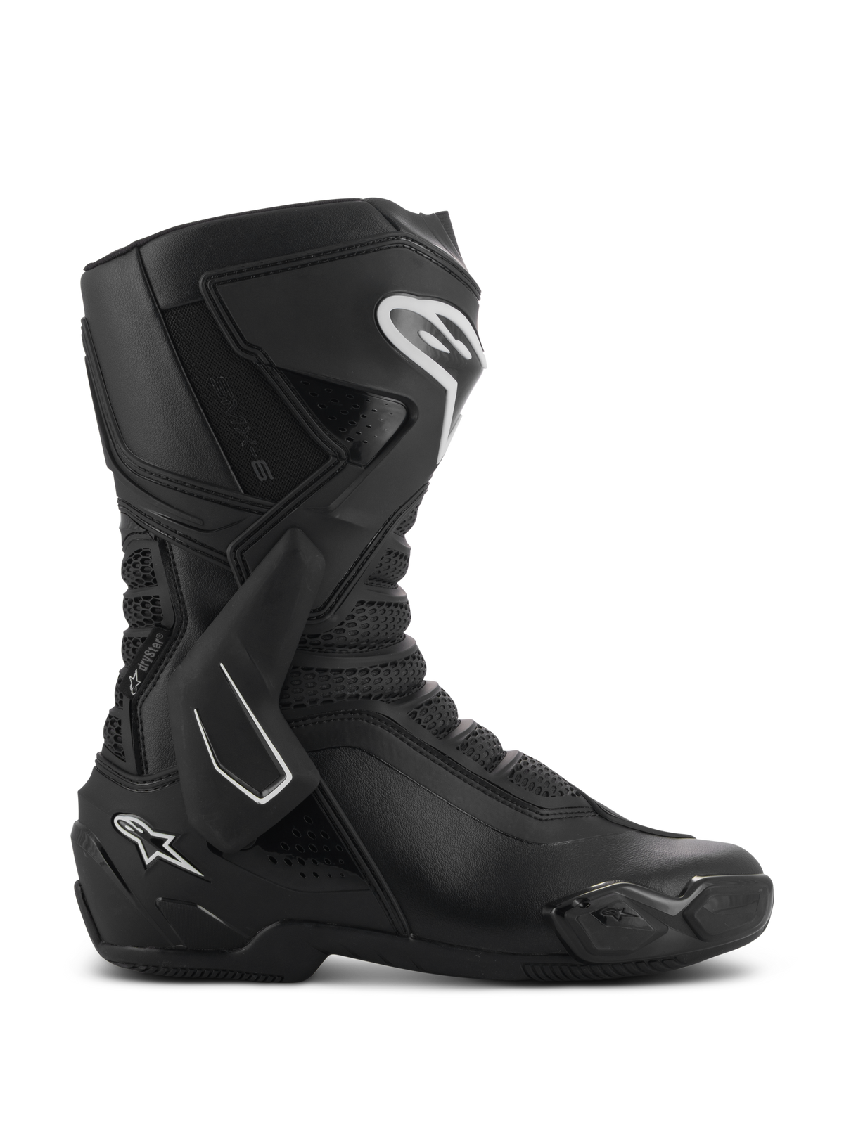 Alpinestars SMX-6 V3 Drystar, bottes de moto haute performance noires vues de profil, avec logos blancs, protection latérale de cheville en TPU, plaque tibiale renforcée et panneaux en mesh flexible
