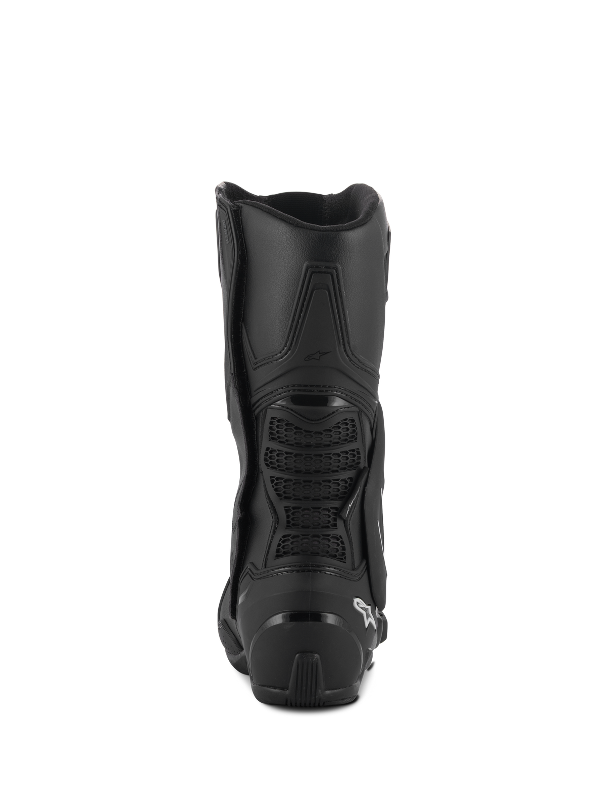 Bottes Alpinestars SMX-6 V3 Drystar®, bottes de moto haute performance, noires, vue arrière avec protecteur de talon en TPU et pont de mollet arrière avec détails en mesh, logo blanc sur le talon