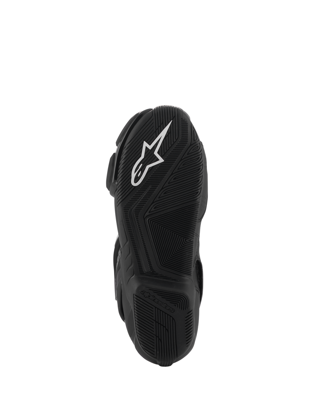 Bottes Alpinestars SMX-6 V3 Drystar®, vue de la semelle en caoutchouc noir, logo A-star blanc sur l'avant et marquage Alpinestars en relief sur le talon, motif texturé complexe pour l'adhérence et la performance