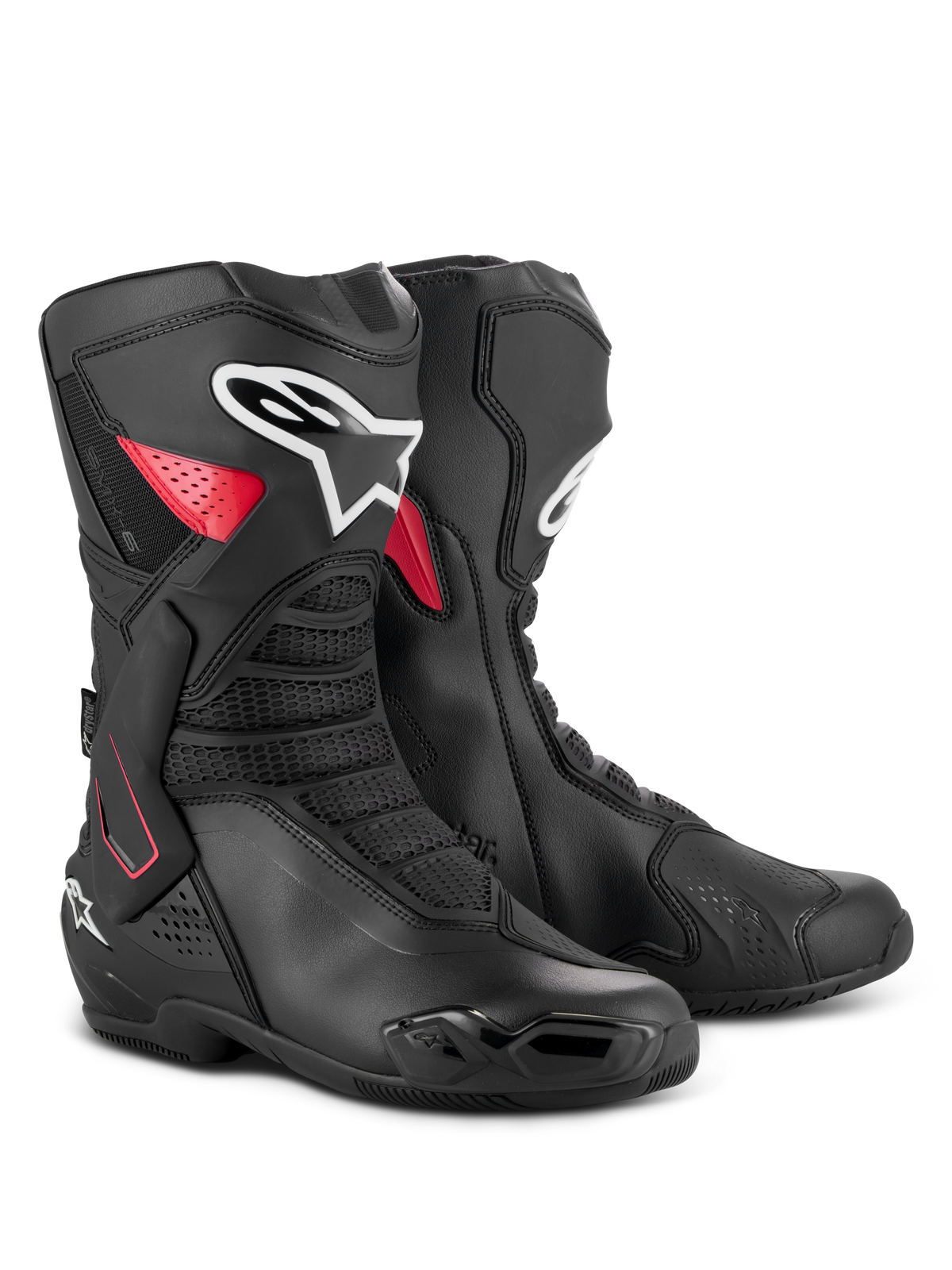 Alpinestars SMX-6 V3 Drystar Boots, Waterproof Performance Riding Boots, Black and Red, featuring a TPU lateral ankle brace, reinforced shin plate, and microfiber construction for track and street riding