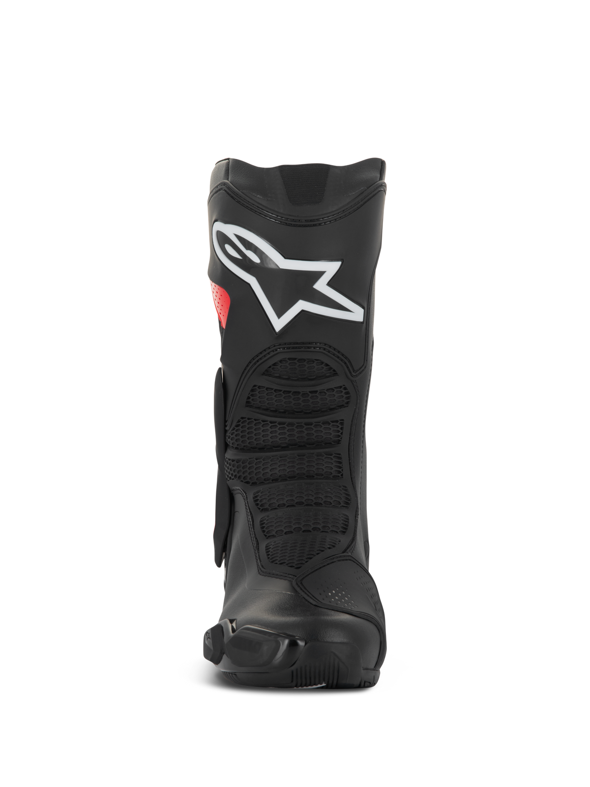 Alpinestars SMX-6 V3 Drystar® Boots, Performance Motorcycle Riding Boots, Black and Red, front view featuring large white logo on the shin, textured front flex zones, and sleek protective design