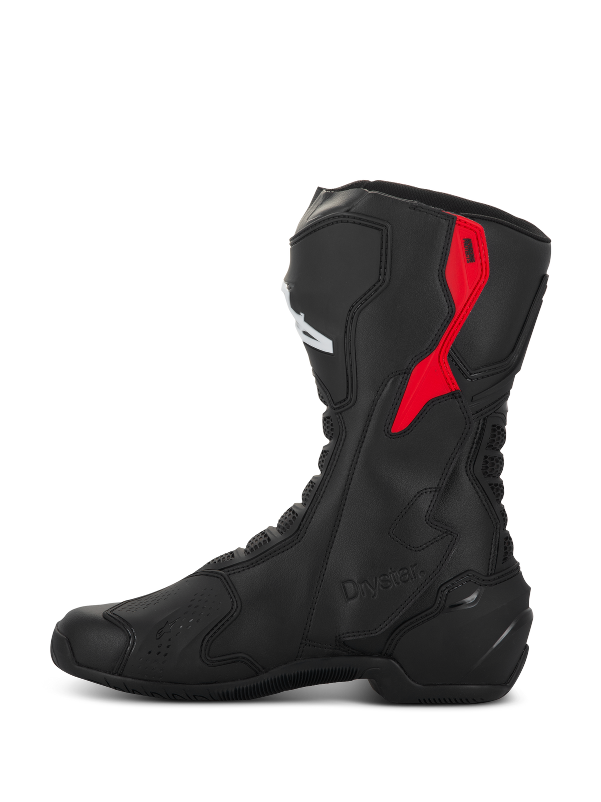 Alpinestars SMX-6 V3 Drystar Boots, performance motorcycle boots, Black and Red, featuring a red TPU upper calf protector, embossed Drystar branding, and sleek microfiber construction, side profile view