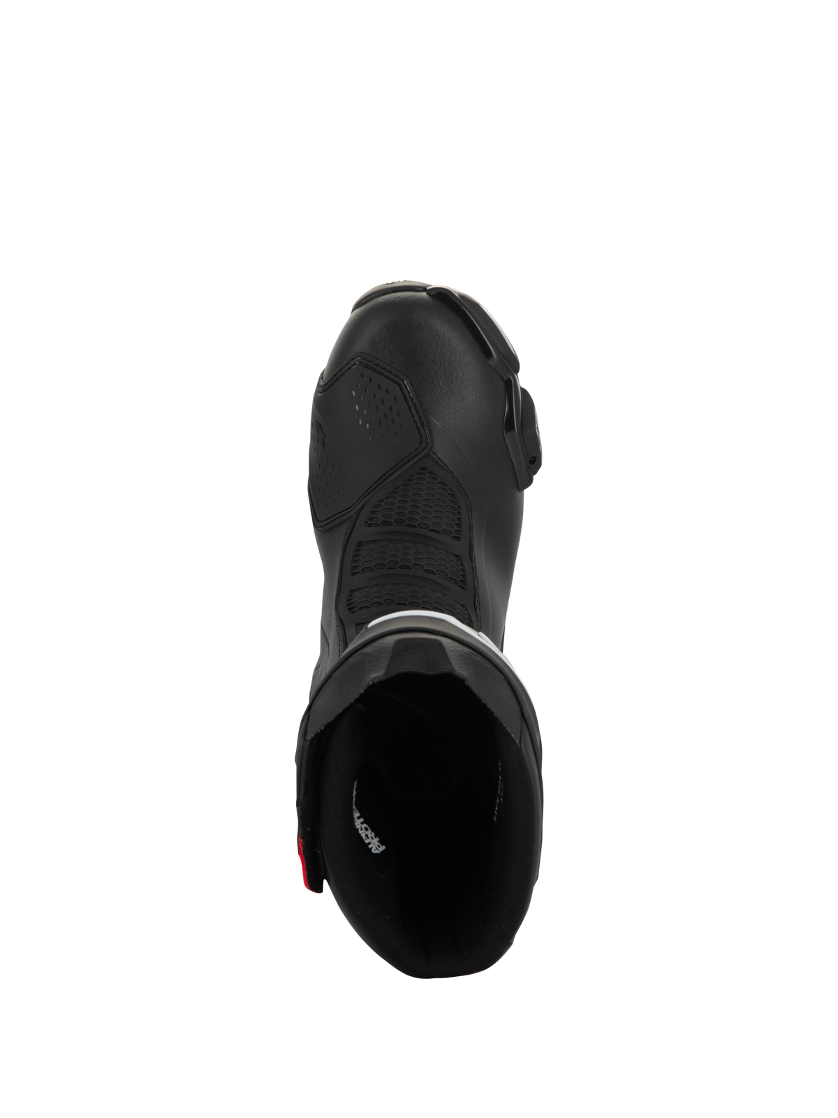 Alpinestars SMX-6 V3 Drystar Boots, Performance Motorcycle Boots, Black with red accents, top-down view looking into the boot opening, featuring textured flex zones and microfiber construction