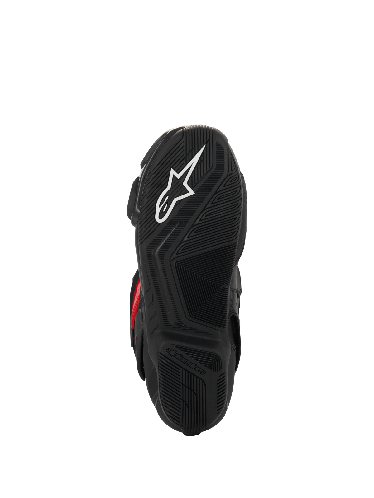 Alpinestars SMX-6 V3 Drystar® Boots, bottom sole view, black textured rubber for grip, featuring a white star logo and embossed Alpinestars branding, performance motorcycle footwear.