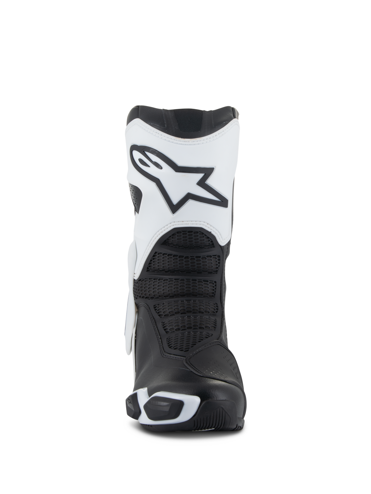 Alpinestars Stella SMX-6 V3 Drystar® Boots, Women's Motorcycle Boots, White and Black, Front view showcasing the white shin plate with the Astars logo, black textured flex zones, and protective TPU elements for performance riding.