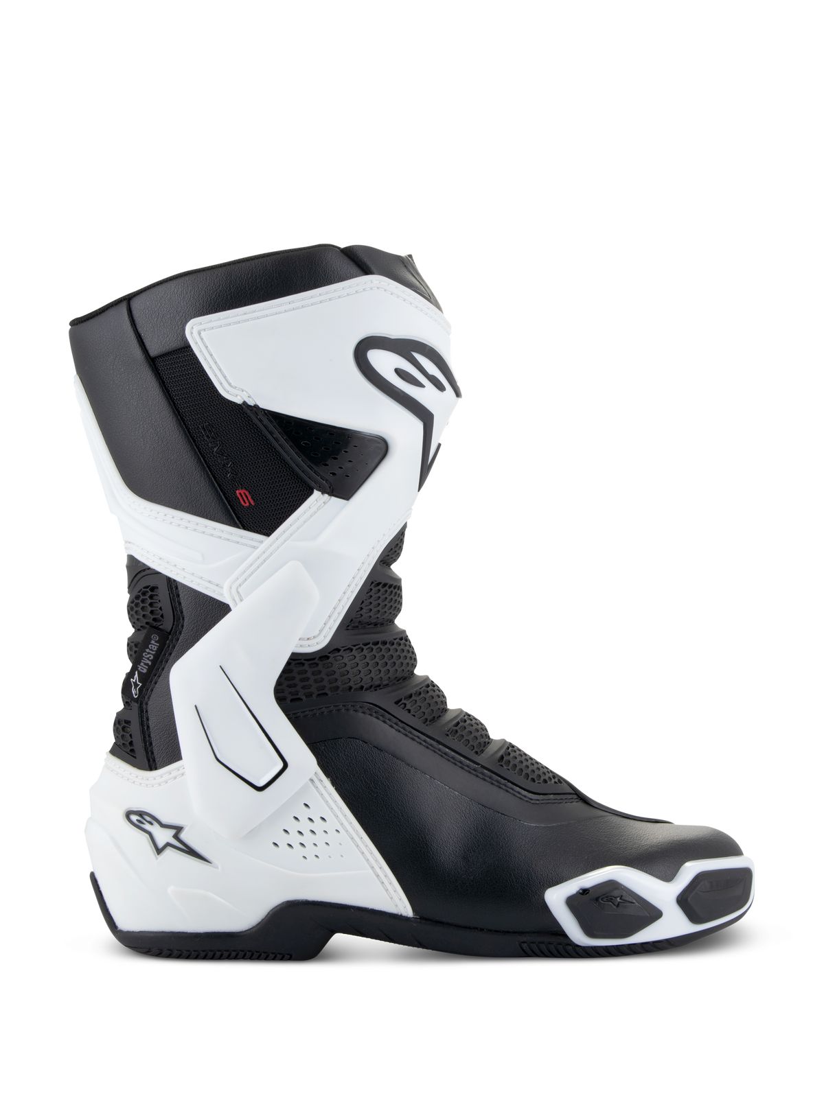 Alpinestars Stella SMX-6 V3 Drystar® Boots, Women's Motorcycle Boots, White and Black, side view featuring waterproof Drystar® technology, TPU shin and ankle protection, mesh flexibility zones, and ergonomic sport riding design