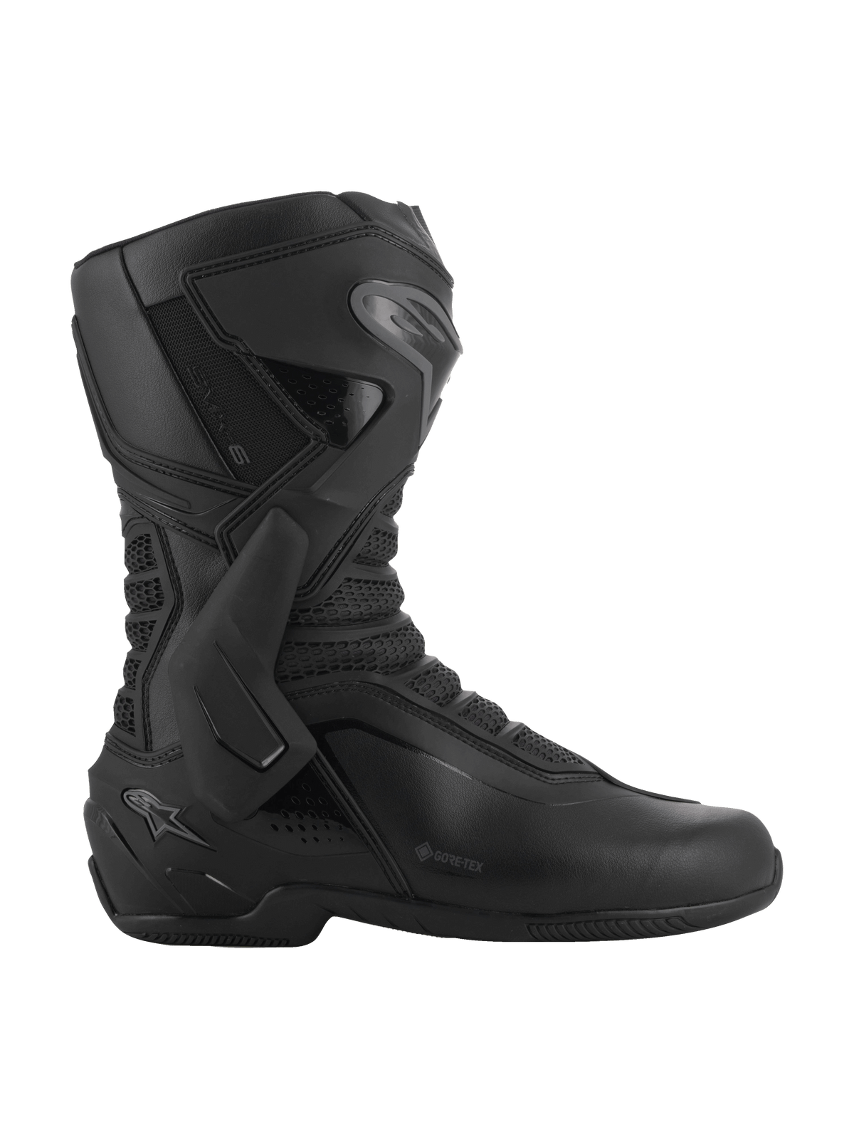Bottes Alpinestars SMX-6 V3 GORE-TEX, noir et gris foncé, bottes de moto de performance imperméables, avec protection de cheville latérale en TPU et plaque de tibia, construction ergonomique en microfibre avec panneaux en mesh 3D, logo GORE-TEX sur le côté, chaussures spécialisées pour la performance sur piste et sur route