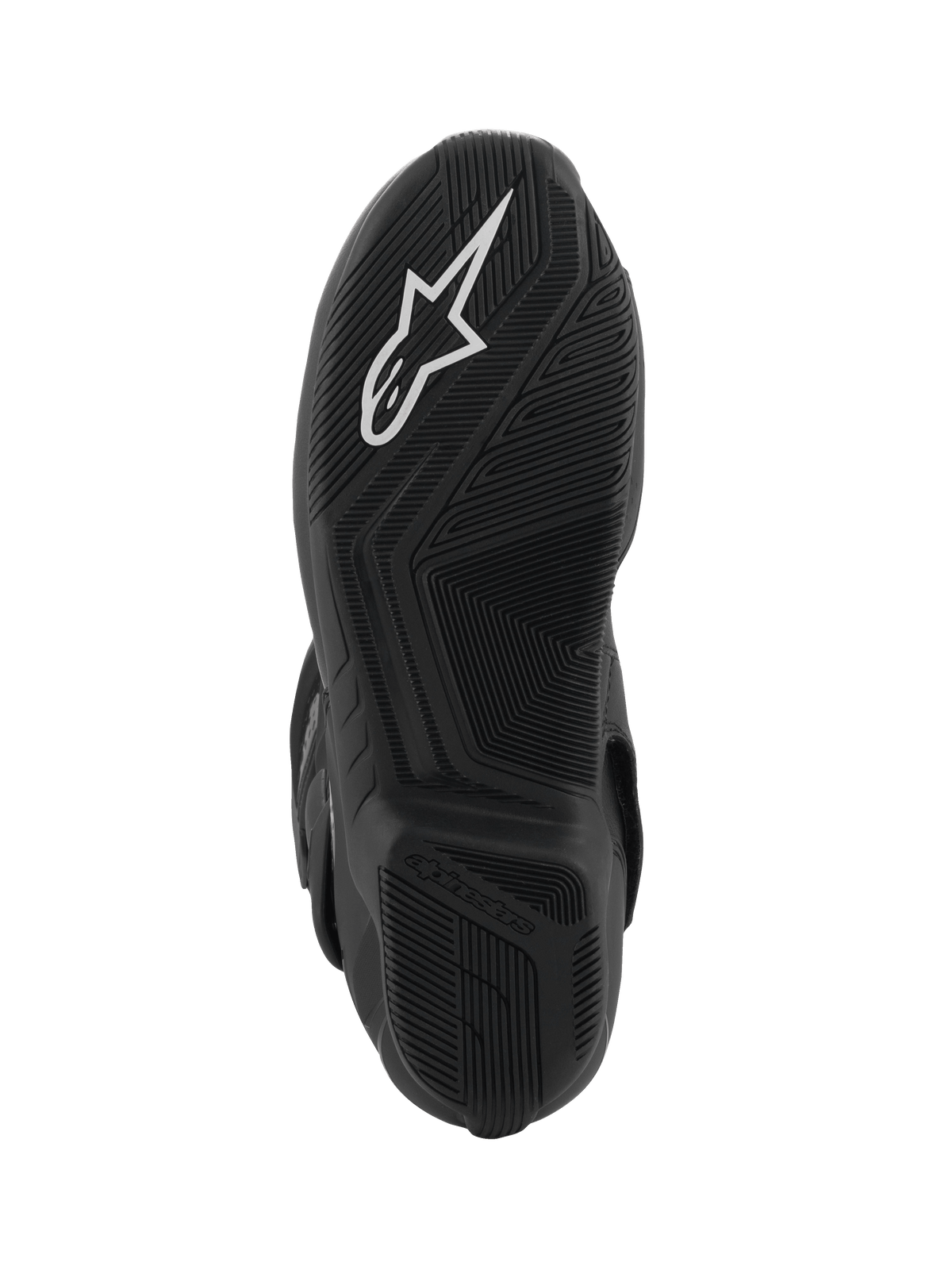 Alpinestars SMX-6 V3 GORE-TEX Boots, Motorcycle Boots, Black, bottom sole view featuring a textured rubber tread pattern, white Alpinestars logo on the forefoot, and embossed branding on the heel