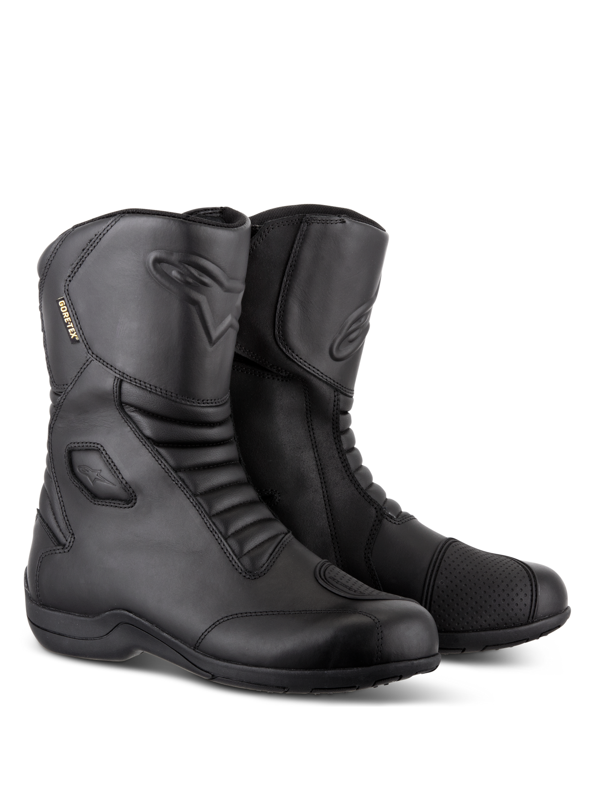 Alpinestars Web GORE-TEX Boots, Black waterproof motorcycle touring boots, leather construction with front and rear accordion flex zones, reinforced shift pad, and side-entry design for road riding.