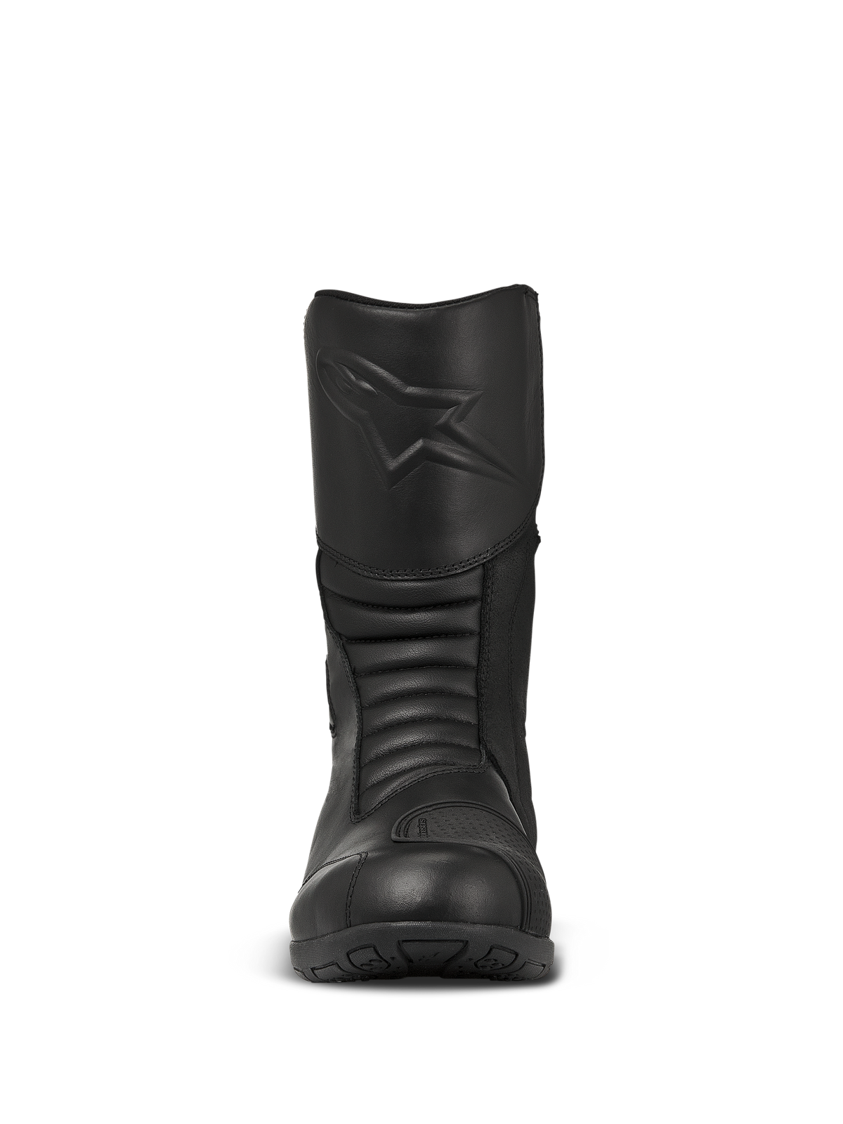 Alpinestars Web GORE-TEX Boots, Black Touring Motorcycle Boots, front-facing view featuring an embossed star logo on the shin, accordion flex zones for maneuverability, and durable leather construction.