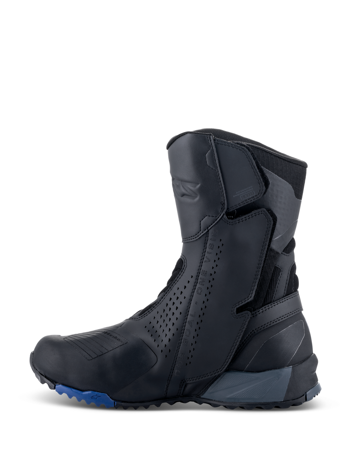Alpinestars RT-8 GORE-TEX Boots, Motorcycle Touring Boots, Black and Blue, side profile view showing a sleek microfiber upper with perforated panels, integrated protection zones, and a rugged blue-accented sole.
