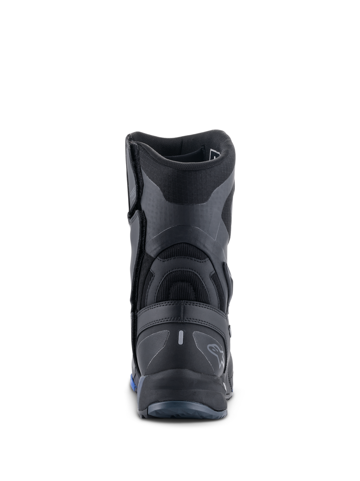 Alpinestars RT-8 GORE-TEX Boots, Motorcycle Touring Boots, Black and Blue, rear view highlighting the reinforced heel counter, textured synthetic panels, and subtle Alpinestars branding.