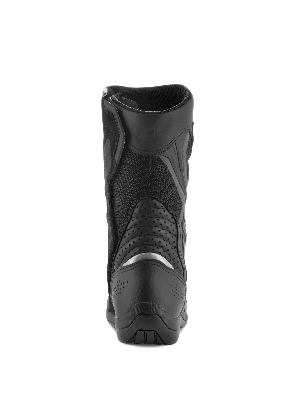Alpinestars Air Plus V2 GORE-TEX Boots, Motorcycle Touring Boots, Black, rear view showing the heel and calf area, featuring a silver reflective insert, perforated leather accordion panels, and breathable mesh construction