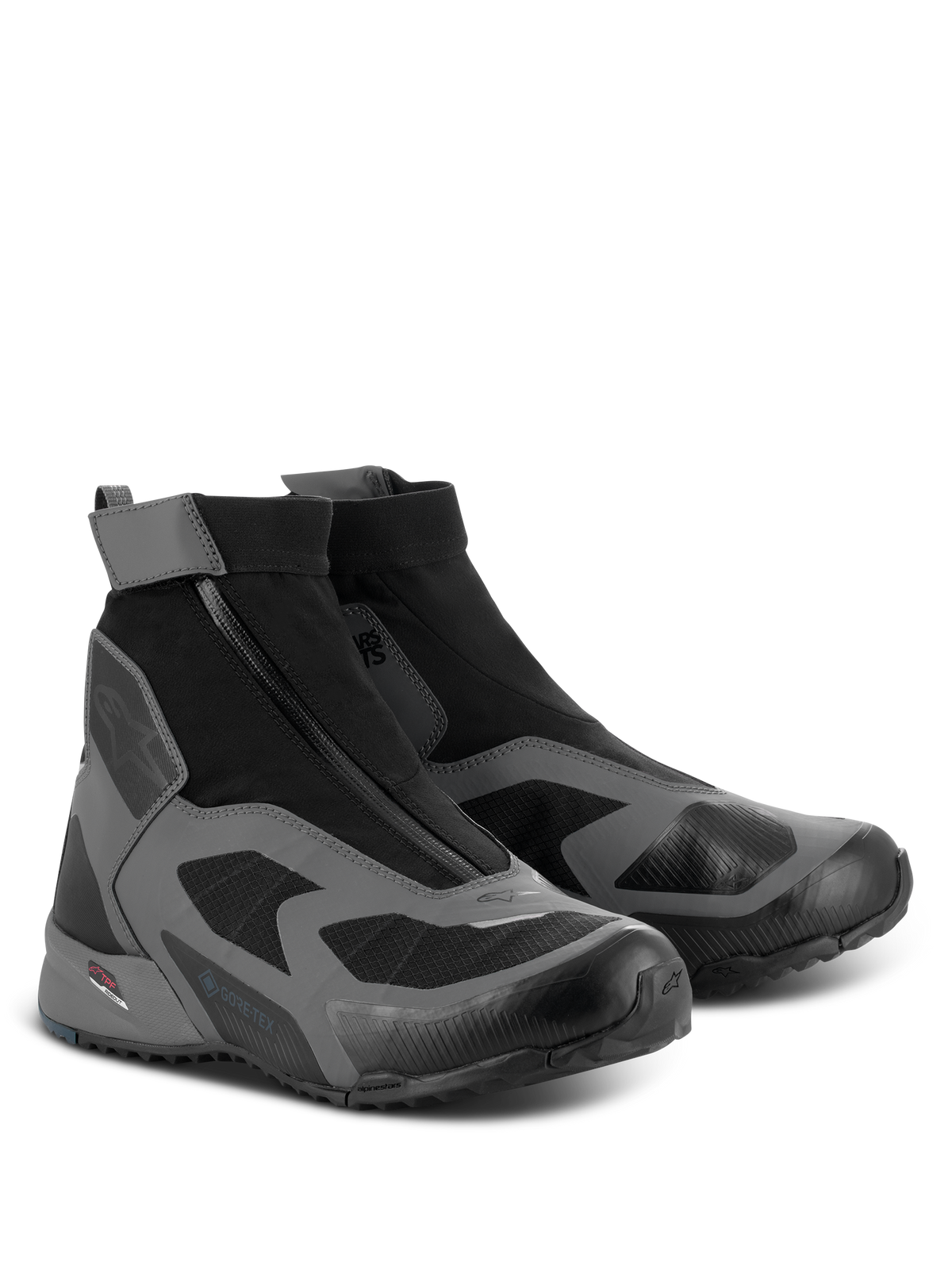 Chaussures Alpinestars CR-8 GORE-TEX, chaussures de moto, noir, gris foncé et bleu pétrole, dotées d'une coupe haute imperméable avec fermeture à glissière inclinée et logo GORE-TEX.