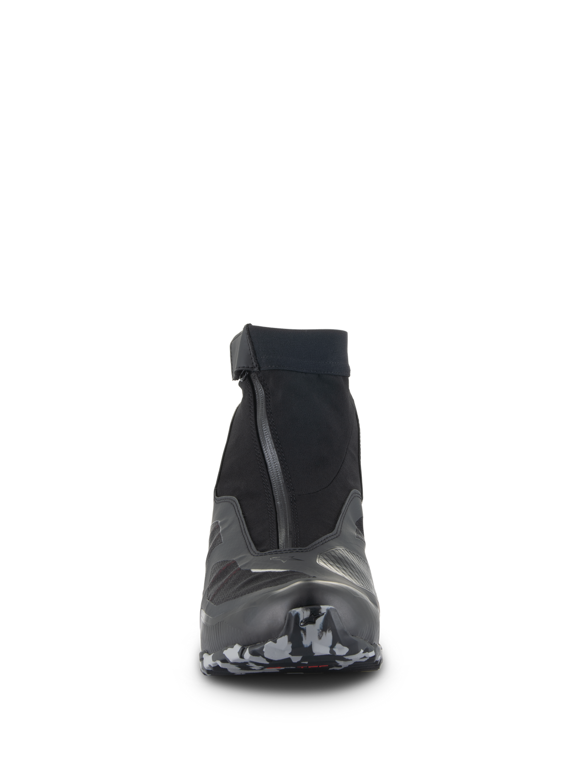 Chaussures Alpinestars CR-8 GORE-TEX, vue de face, noir et gris foncé, chaussure de conduite moto montante dotée d'une fermeture à glissière imperméable en angle, d'un col élastiqué et d'une pointe de semelle texturée, chaussure technique de touring aventure