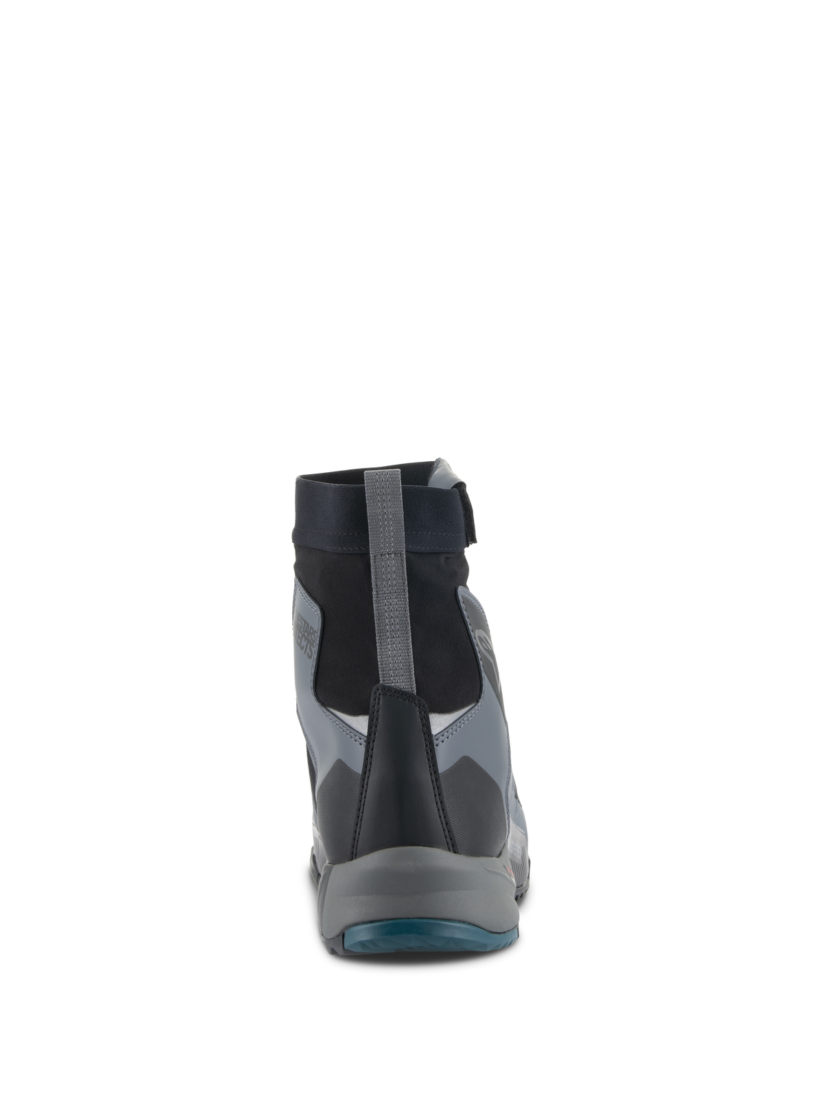 Chaussures Alpinestars CR-8 GORE-TEX, chaussures de moto, noir, gris foncé et bleu pétrole, vue arrière présentant le chausson imperméable à coupe haute, la tirette de talon grise et les panneaux de protection multicouches
