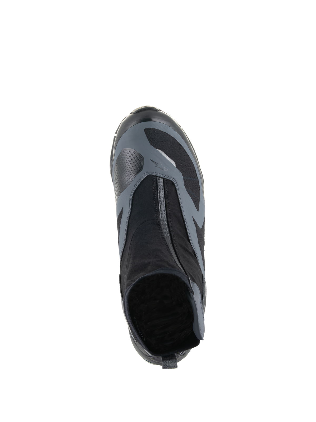 Chaussures Alpinestars CR-8 GORE-TEX, noir et gris foncé, vue de dessus montrant la fermeture à glissière imperméable en angle et l'empeigne en textile technique, conçues pour le touring d'aventure.