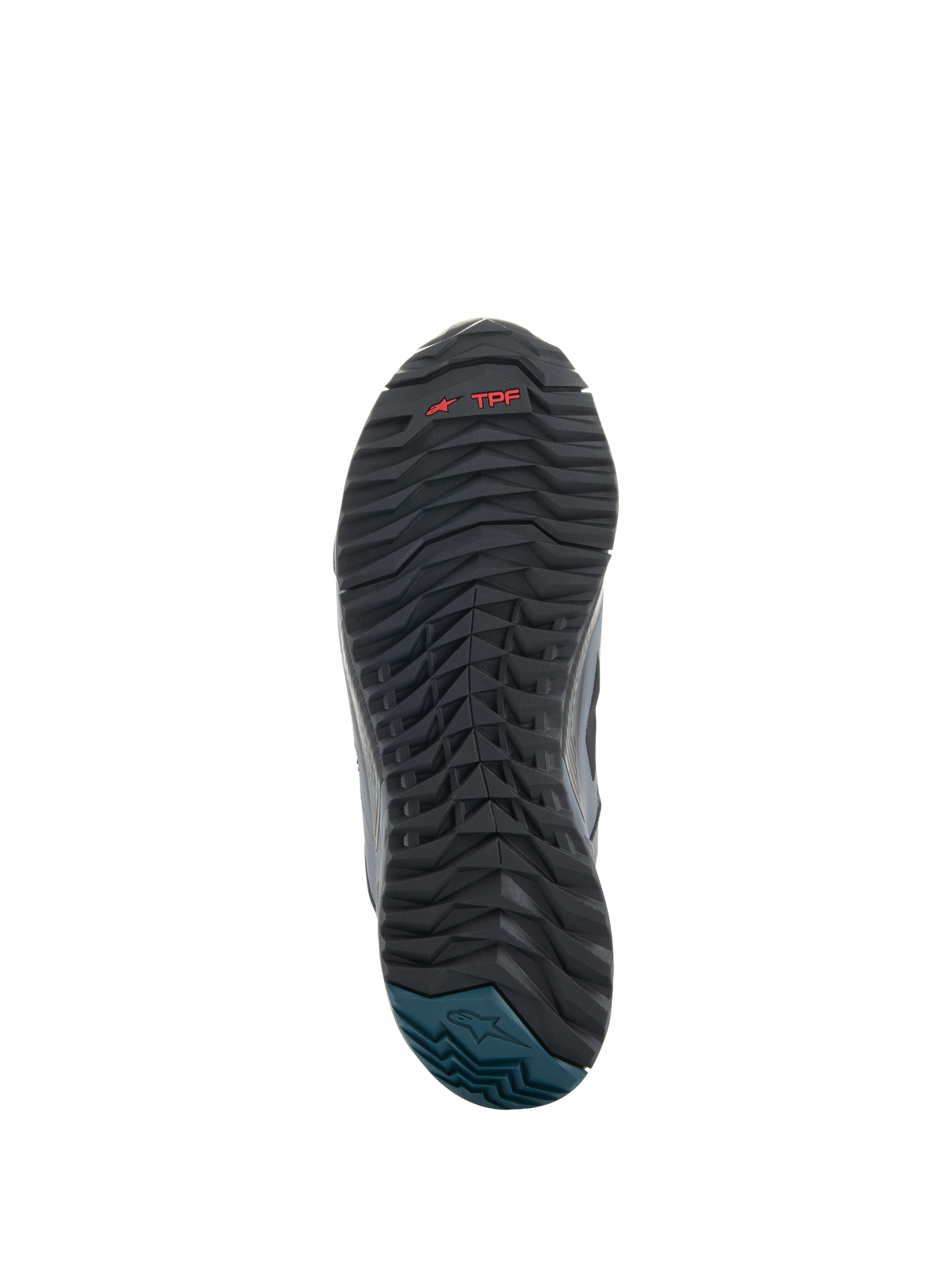 Chaussures Alpinestars CR-8 GORE-TEX, vue de la semelle, semelle extérieure en caoutchouc noir et gris foncé avec sculpture ondulée texturée, marquage TPF rouge, talon bleu pétrole avec logo Alpinestars, conception durable pour la conduite de moto