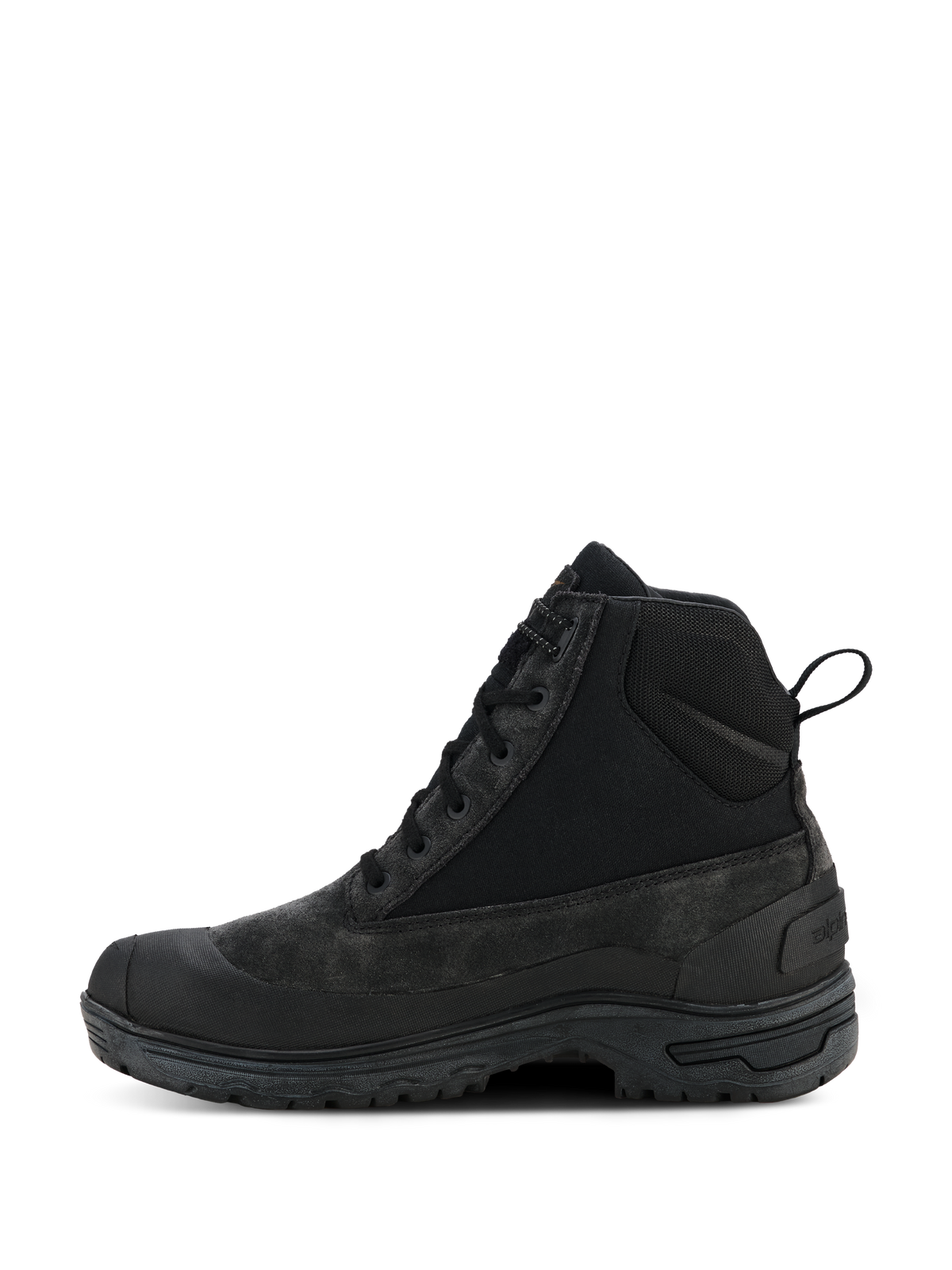 Alpinestars Woman Judy Waterproof Boots, Black motorcycle riding boots, combat-inspired high-top design with side profile view, featuring laces and rear pull loop, elevated rubber sole, durable leather and textile construction for urban riding