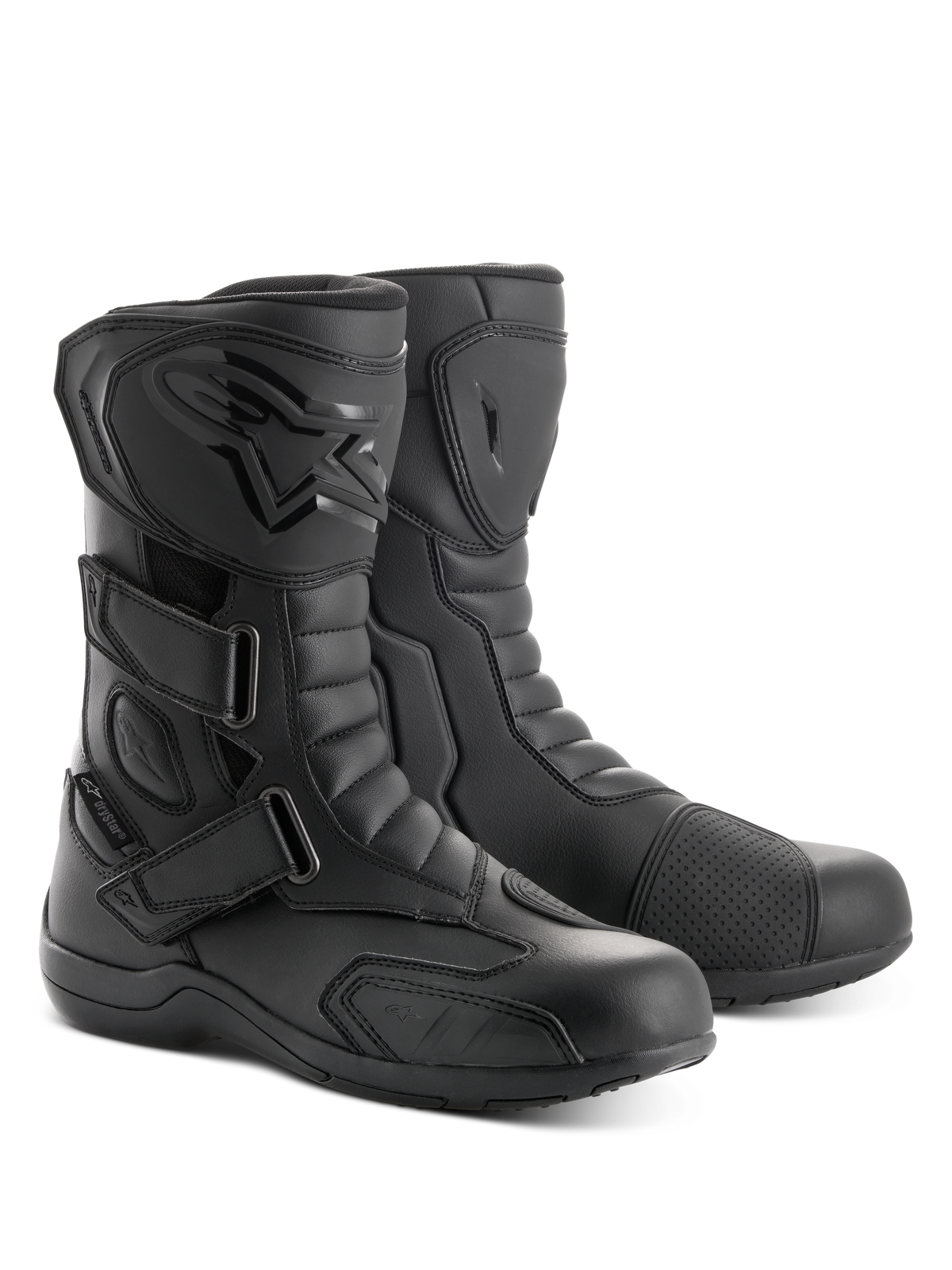 Bottes Alpinestars Radon Drystar®, bottes de moto touring, noir, avec trois sangles auto-agrippantes ajustables, plaque tibiale en TPU avec logo embossé et renfort de sélecteur, construction en microfibre durable pour la route et l'aventure