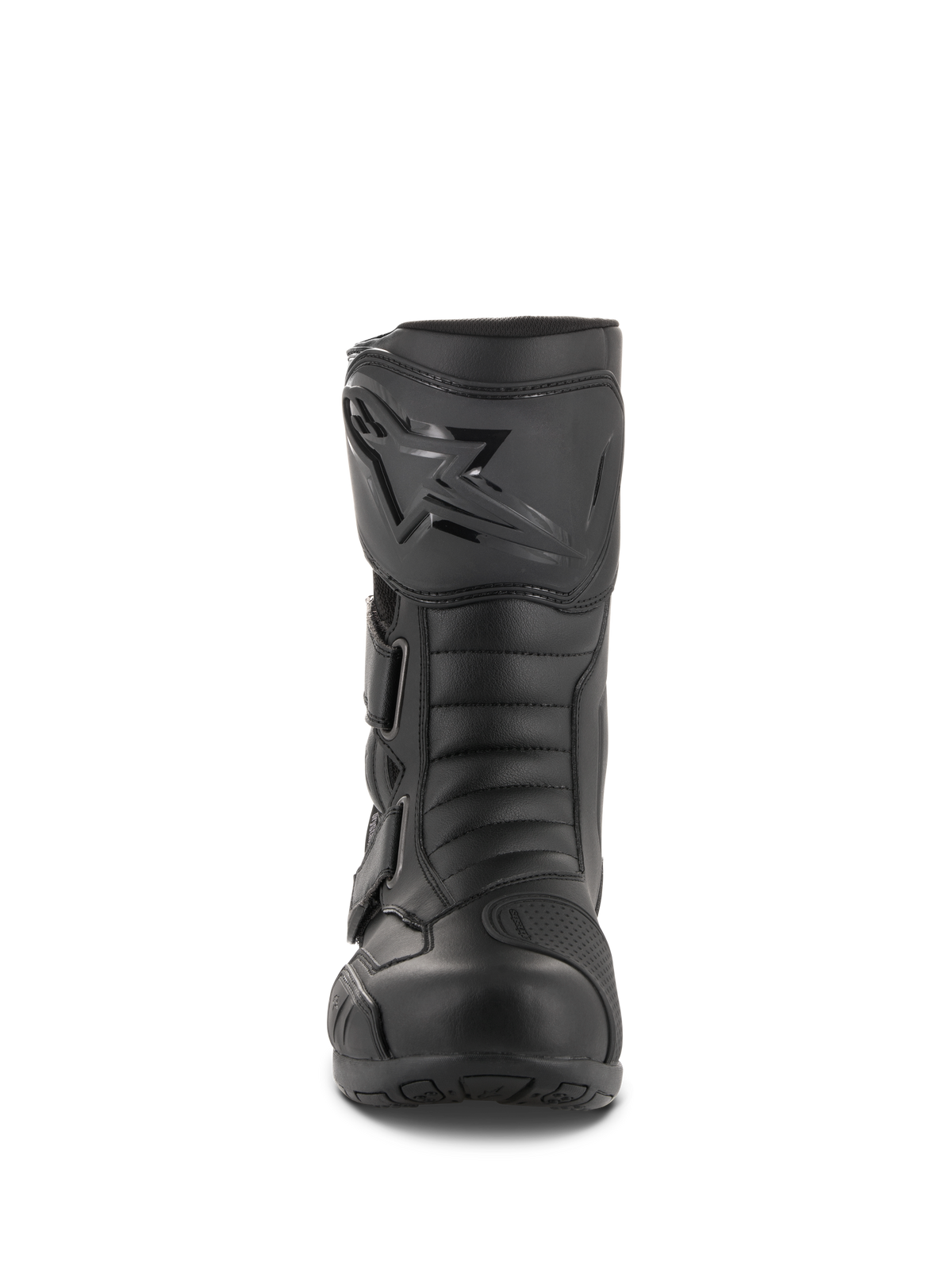 Bottes Alpinestars Radon Drystar®, bottes de moto touring imperméables, noir, vue de face montrant la plaque tibiale avec le logo Alpinestars, des sangles réglables et une pointe renforcée