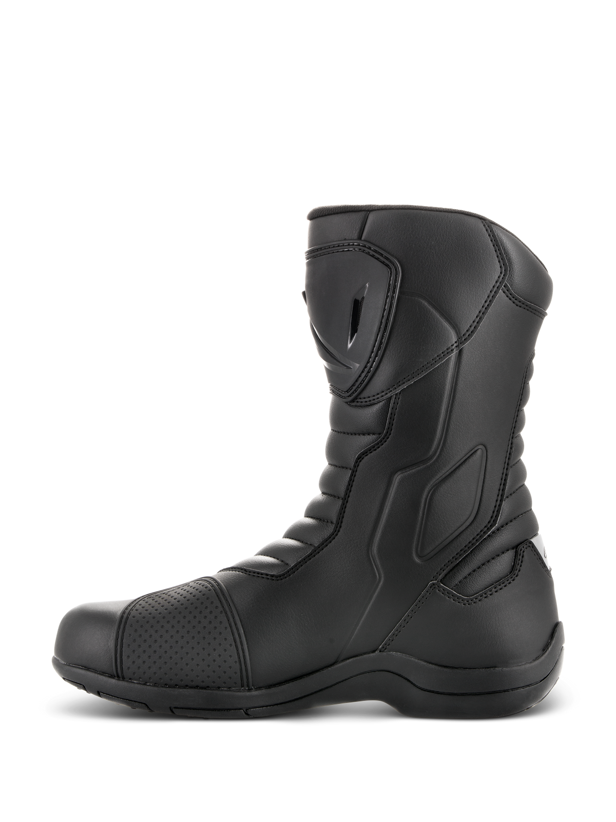 Bottes Alpinestars Radon Drystar®, bottes de touring moto, noires, vue de profil avec plaque de protection tibiale en TPU et renfort sélecteur, zones de flexion en accordéon, construction en microfibre durable pour le touring d'aventure